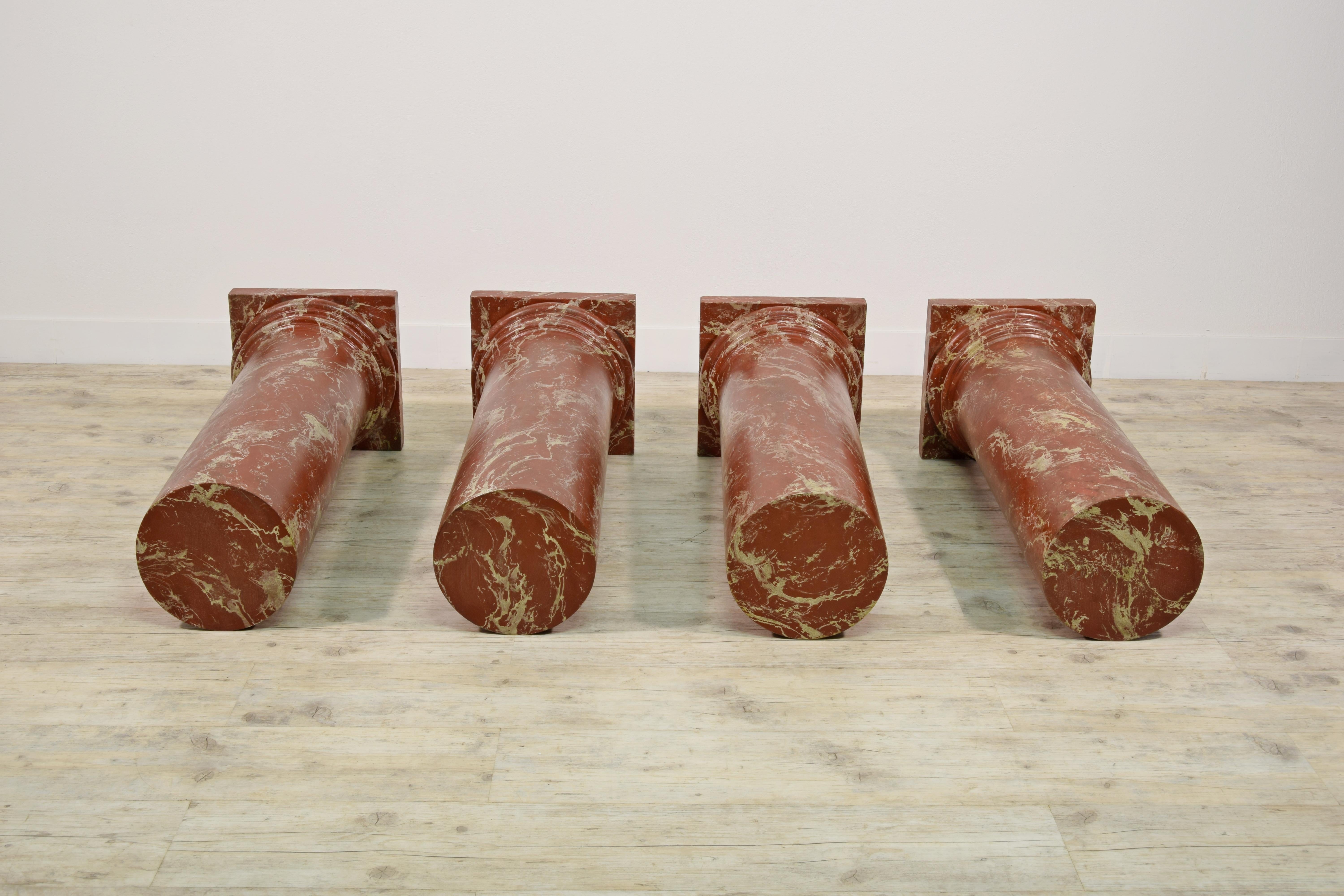 19th Century, Four Italian Wood Columns Lacquered in Faux Rosso di Verona Marble 7