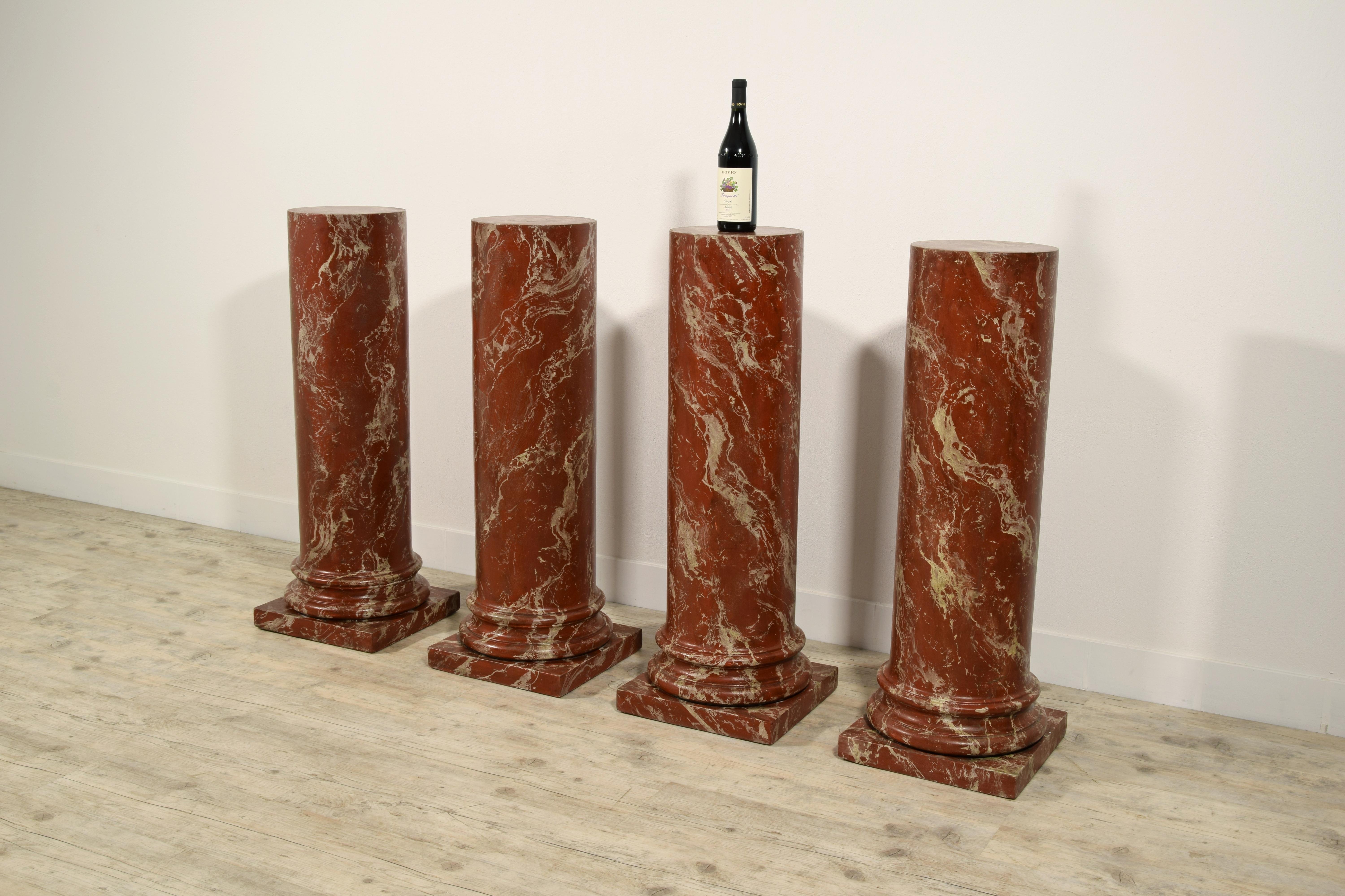19th Century, Four Italian Wood Columns Lacquered in Faux Rosso di Verona Marble 8