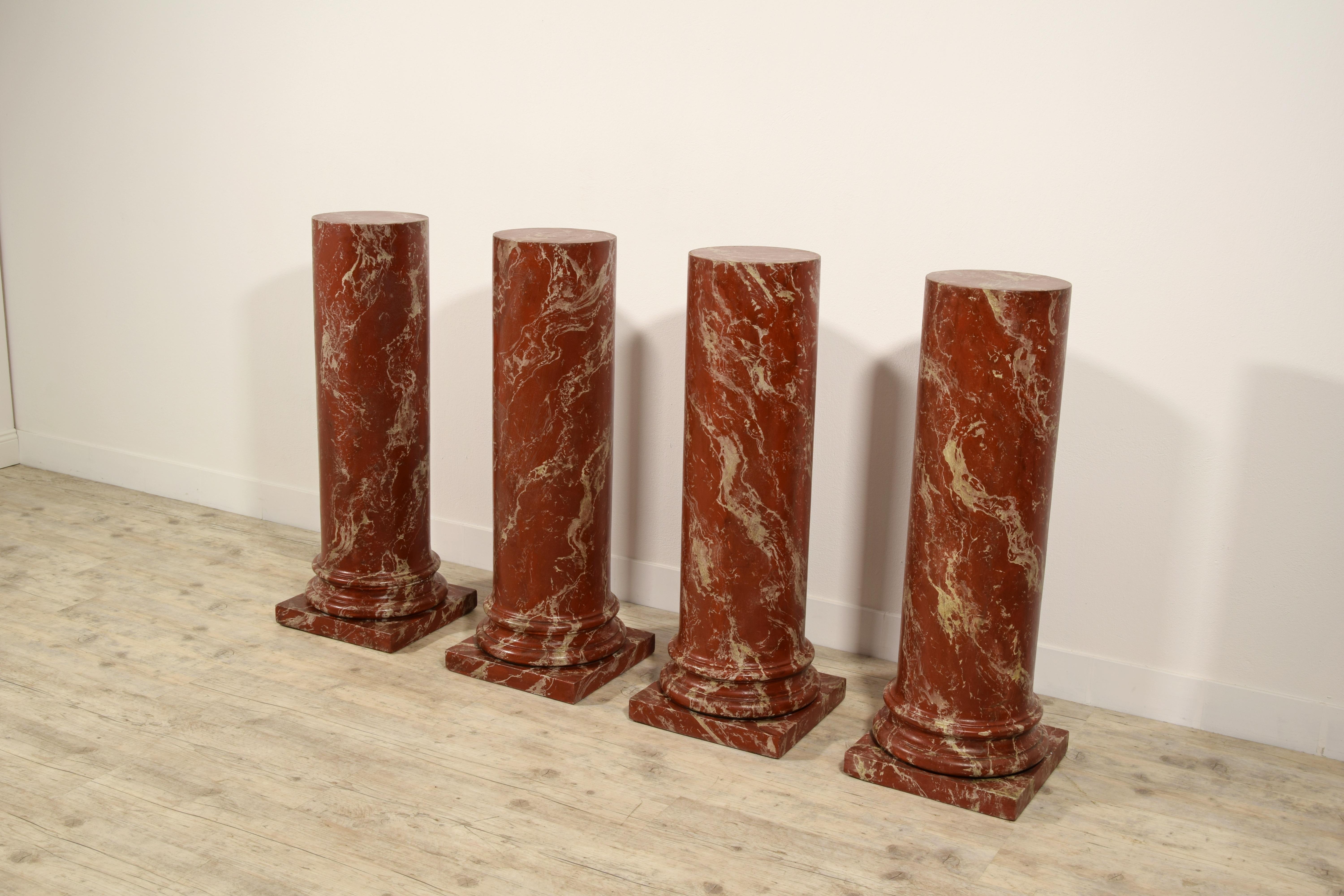 19th Century, Four Italian Wood Columns Lacquered in Faux Rosso di Verona Marble 9