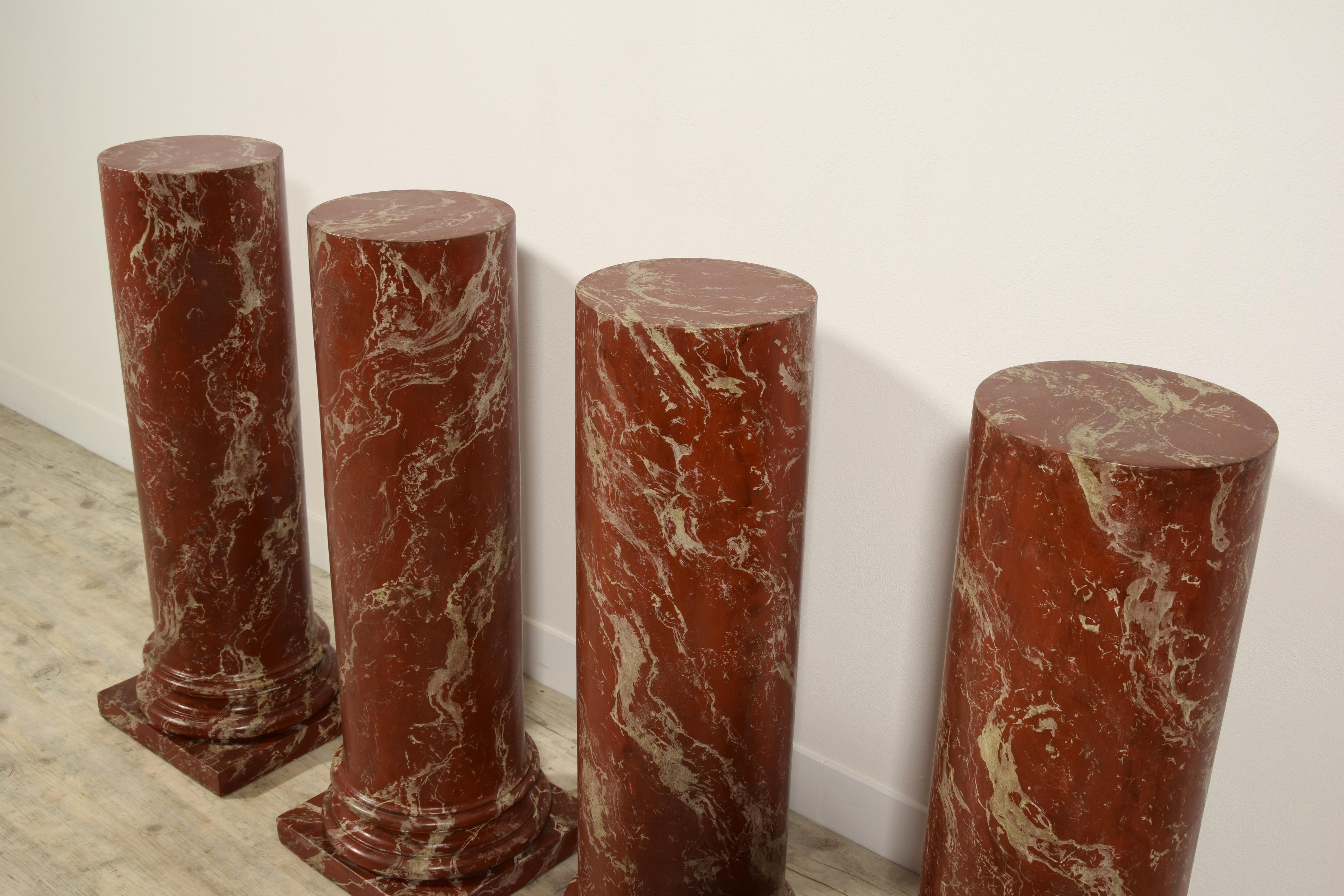 19th Century, Four Italian Wood Columns Lacquered in Faux Rosso di Verona Marble 10