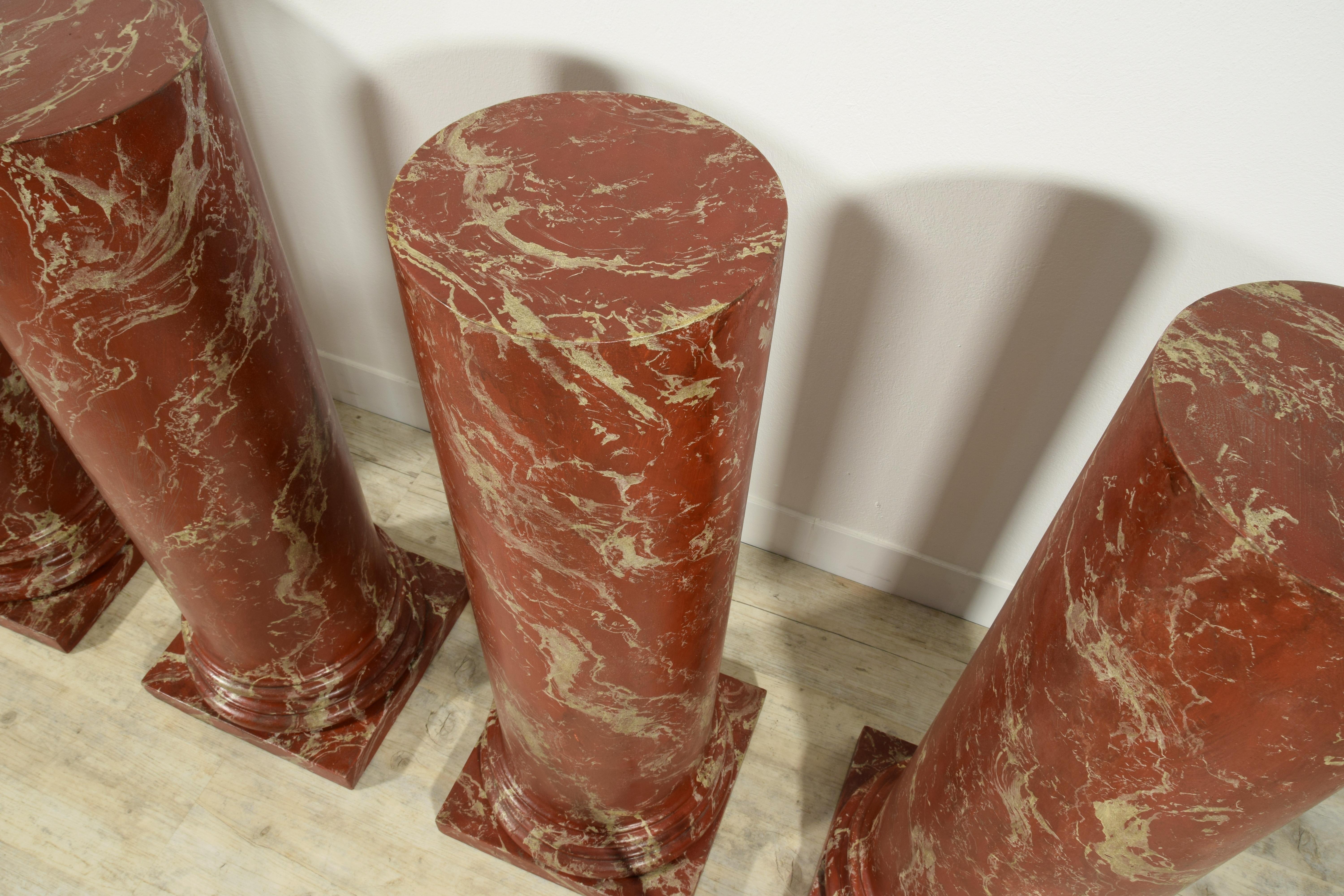 19th Century, Four Italian Wood Columns Lacquered in Faux Rosso di Verona Marble 11