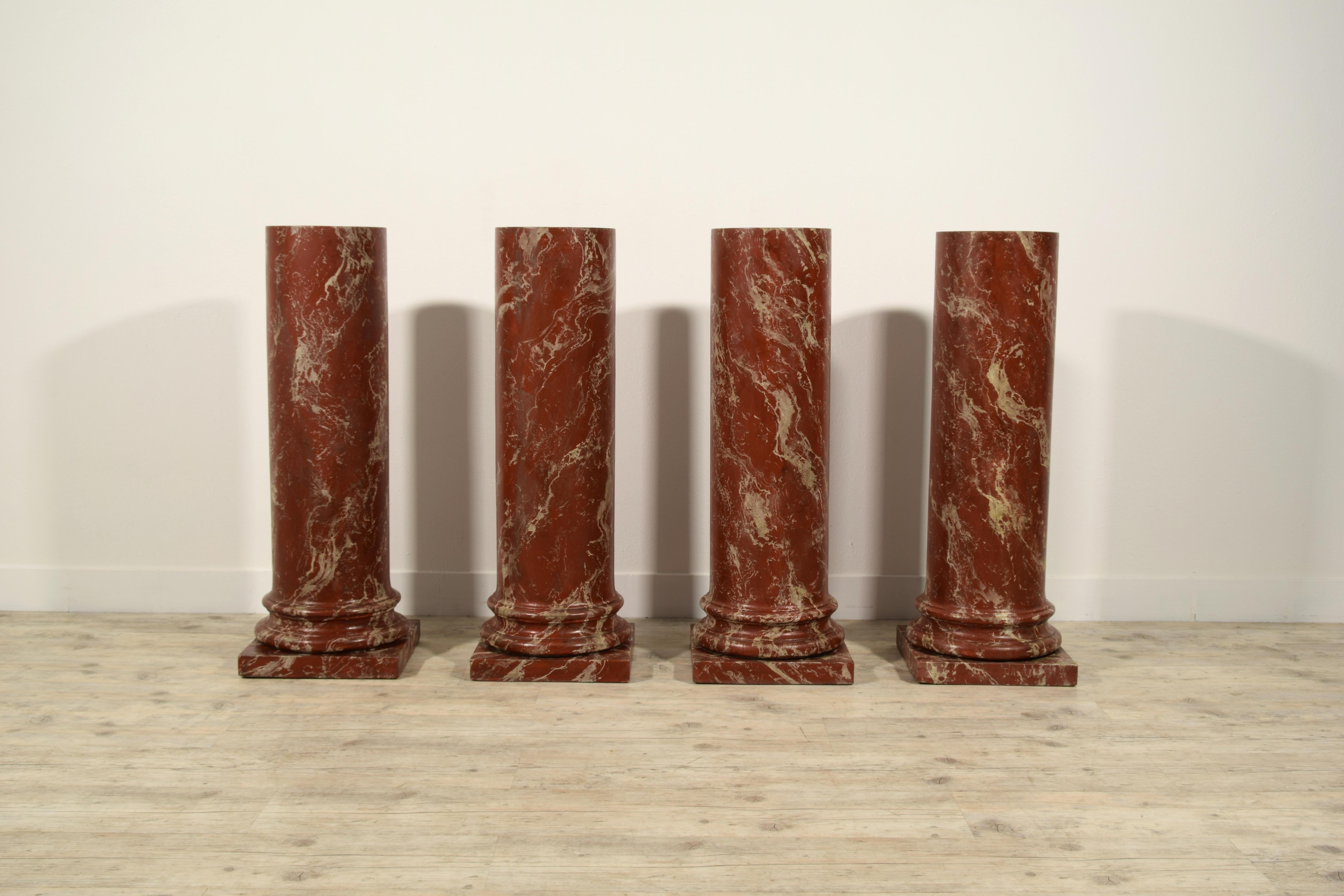 Classical Roman 19th Century, Four Italian Wood Columns Lacquered in Faux Rosso di Verona Marble