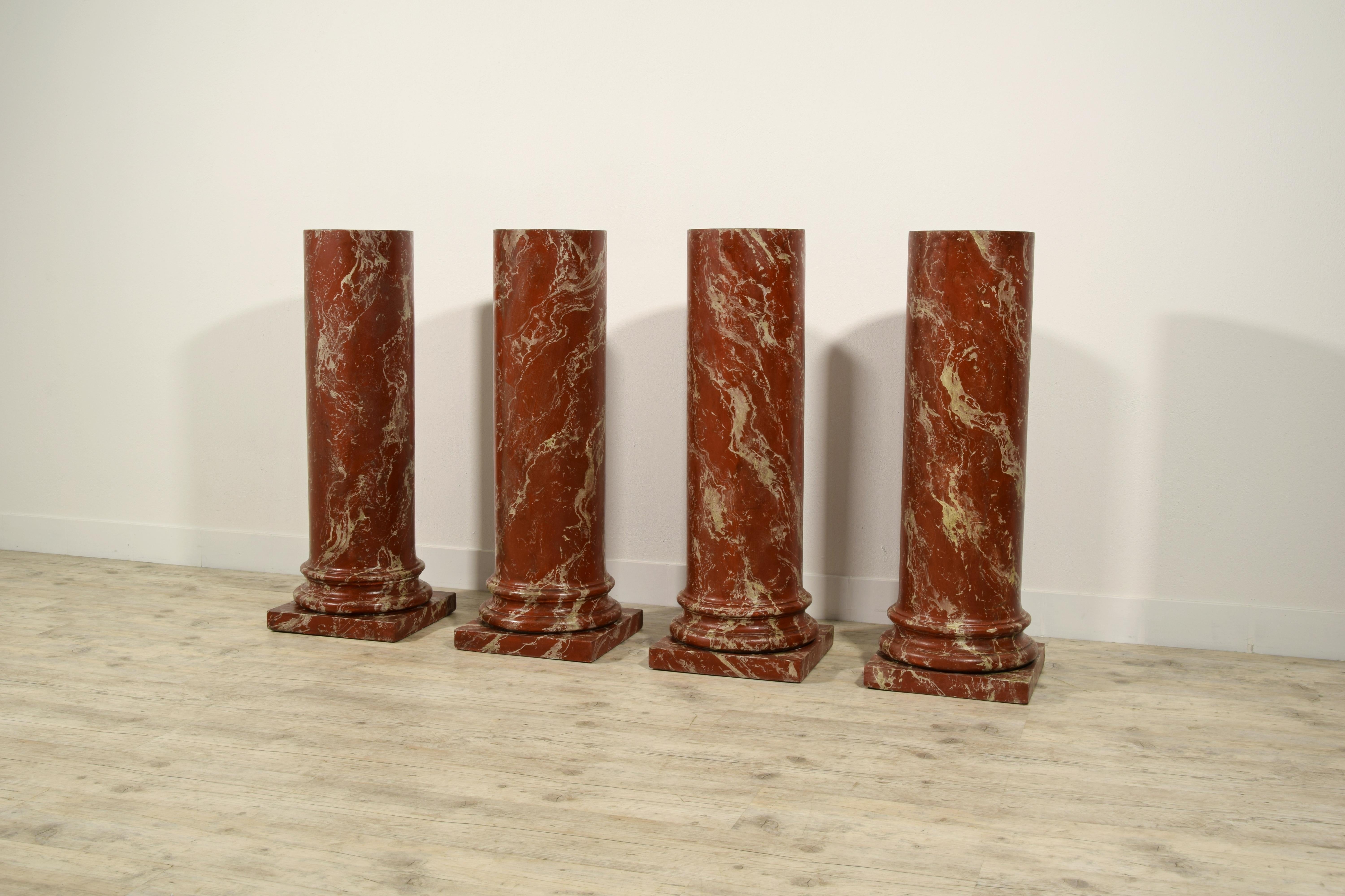 19th Century, Four Italian Wood Columns Lacquered in Faux Rosso di Verona Marble 1