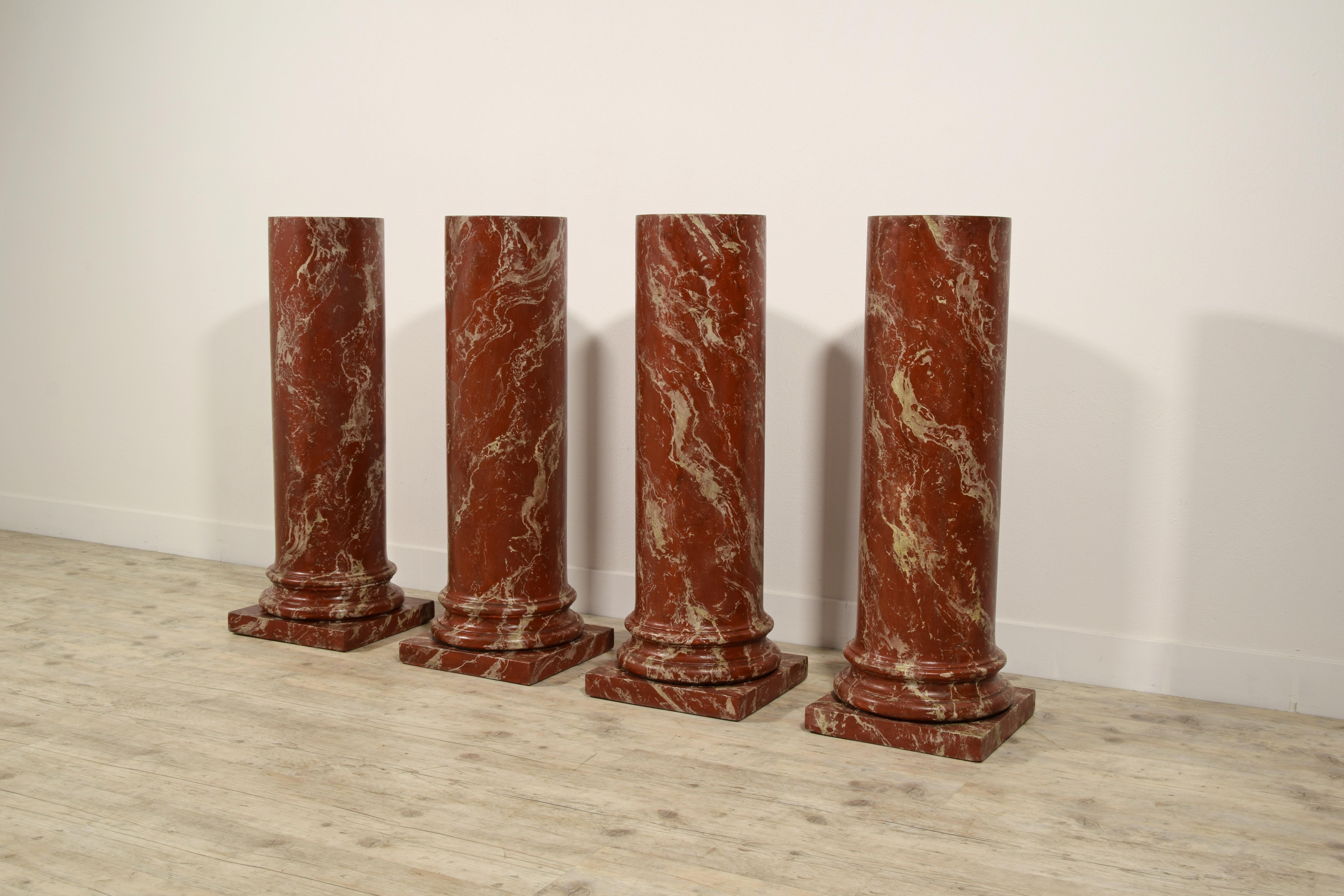 19th Century, Four Italian Wood Columns Lacquered in Faux Rosso di Verona Marble 2
