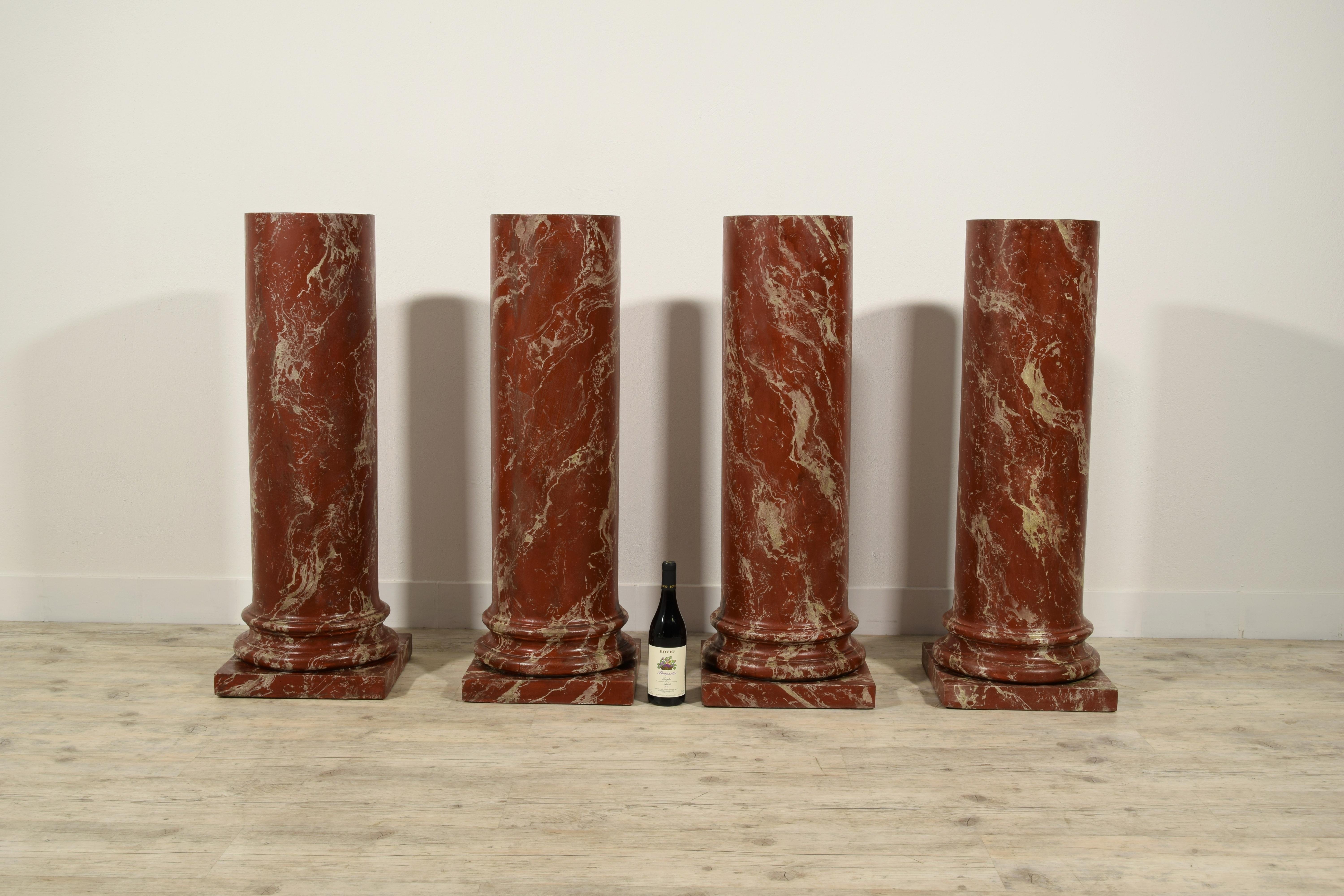 19th Century, Four Italian Wood Columns Lacquered in Faux Rosso di Verona Marble 3