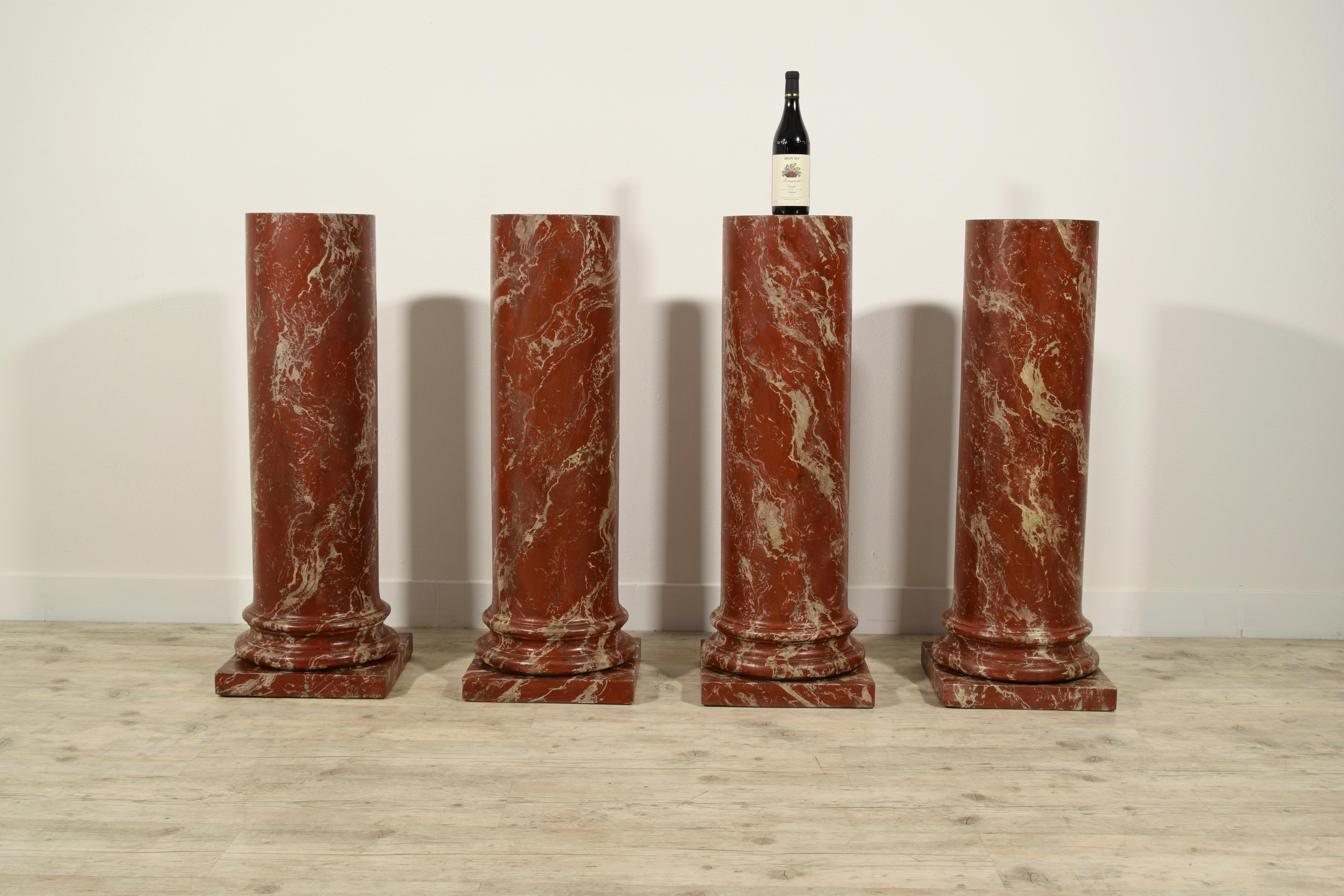19th Century, Four Italian Wood Columns Lacquered in Faux Rosso di Verona Marble 4