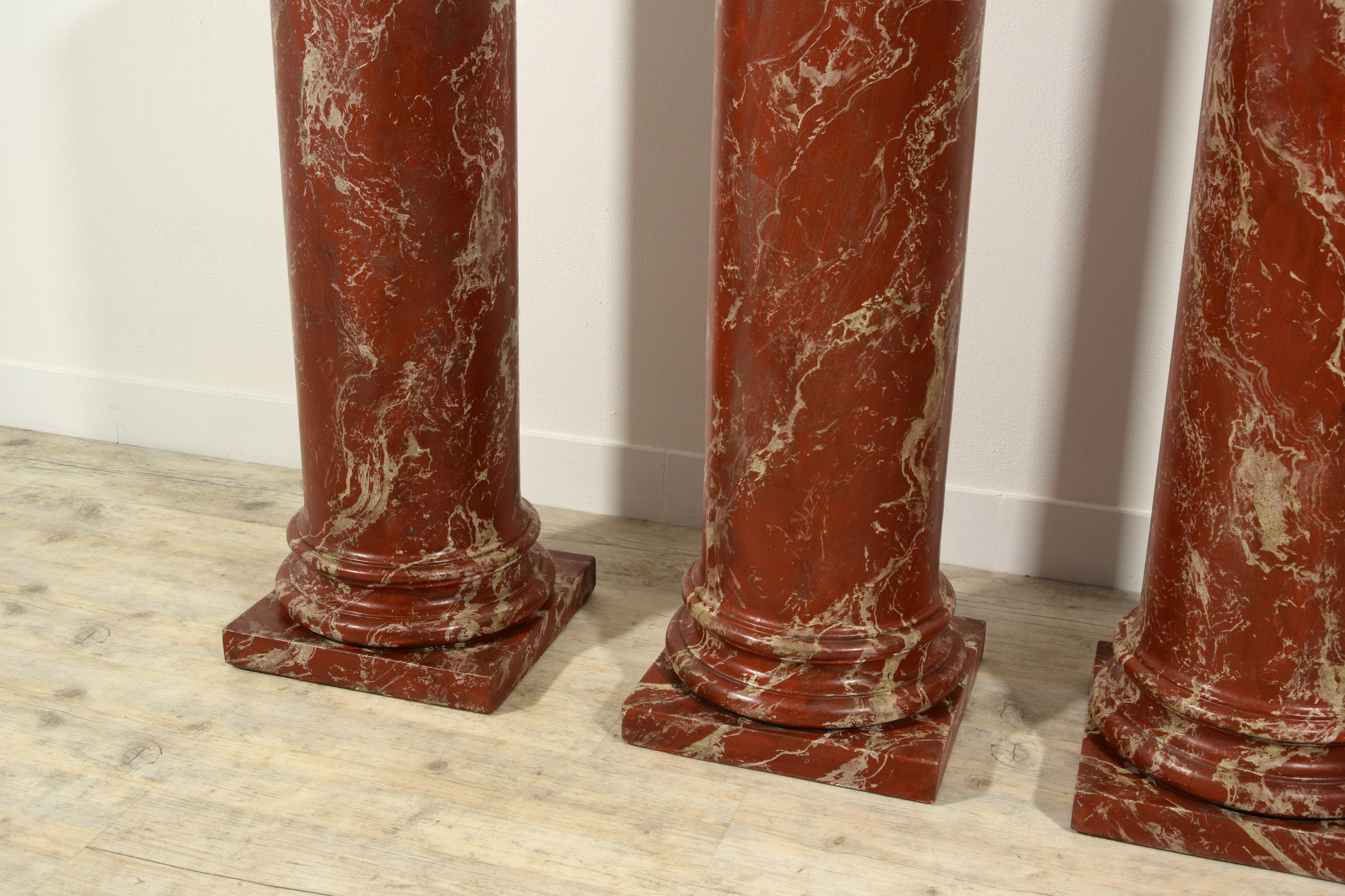 19th Century, Four Italian Wood Columns Lacquered in Faux Rosso di Verona Marble 5