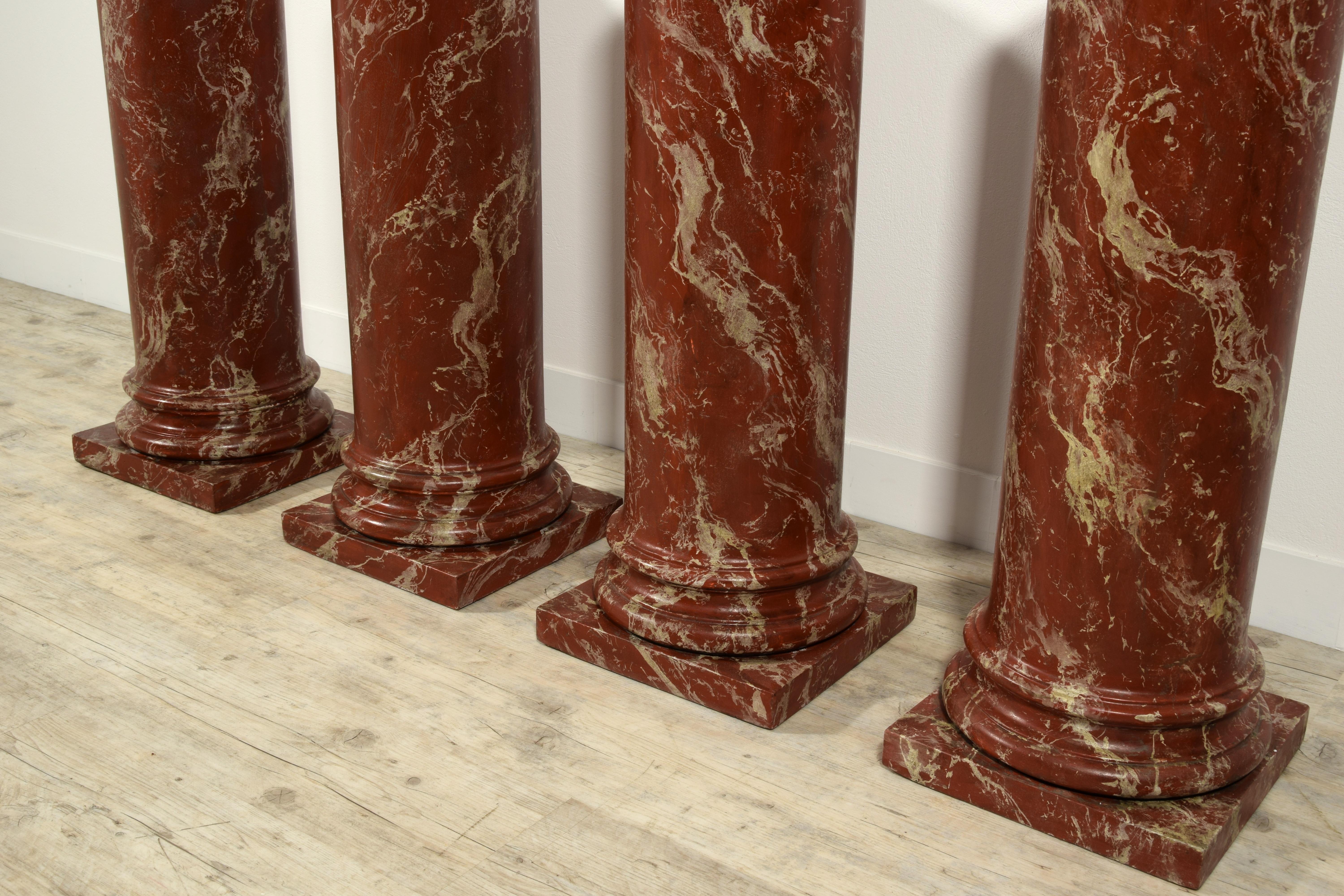 19th Century, Four Italian Wood Columns Lacquered in Faux Rosso di Verona Marble 6