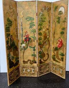 19th Century Four Panel Chinoiserie Room Divider Dressing Folding Screen