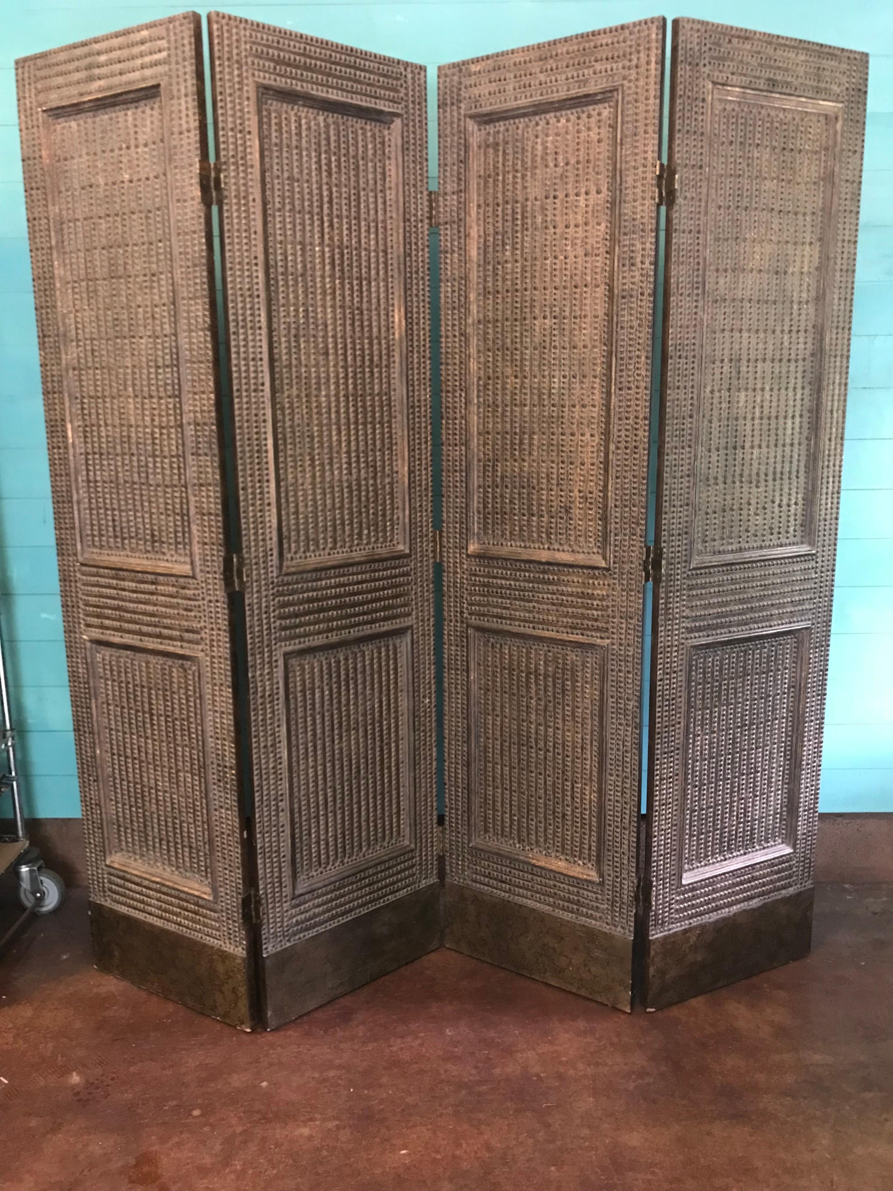 19th Century Four-Panel Folding Screen Decorated with Brass Studs For Sale 1