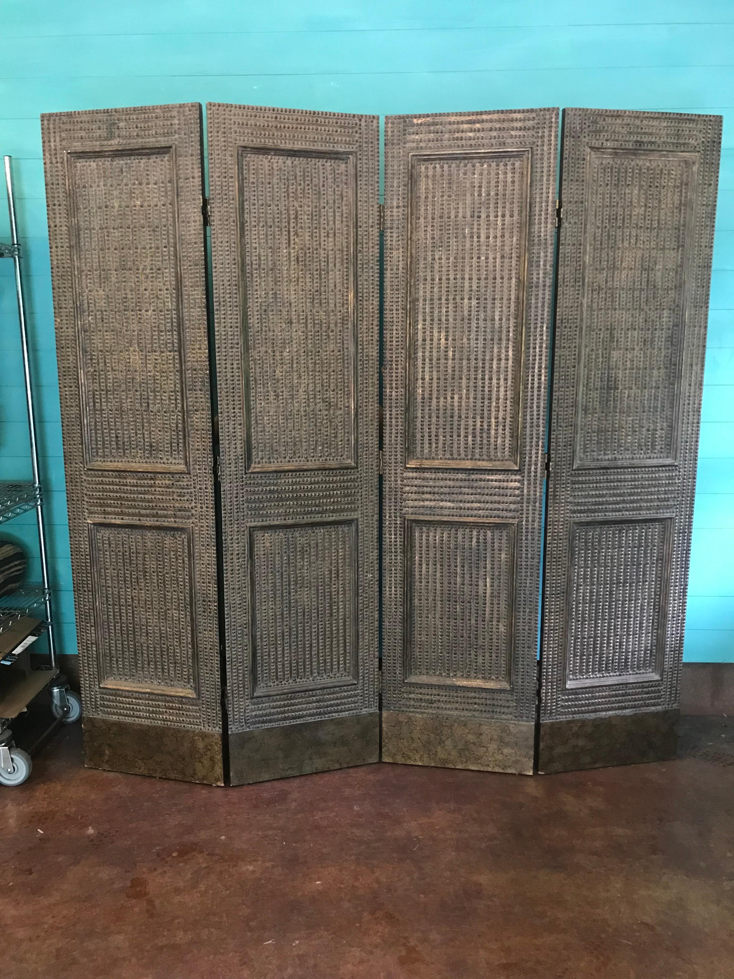 19th Century Four-Panel Folding Screen Decorated with Brass Studs For Sale 2