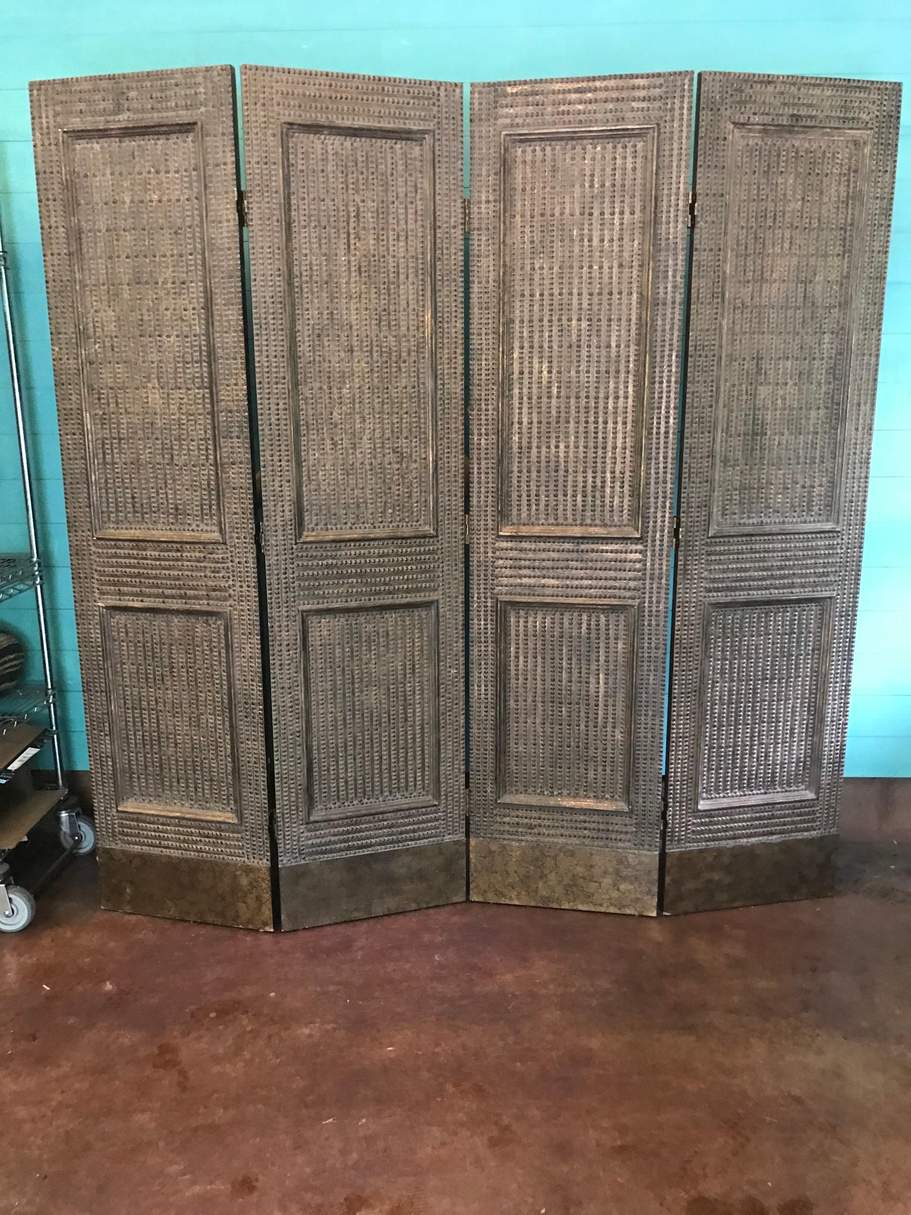 19th Century Four-Panel Folding Screen Decorated with Brass Studs For Sale 3