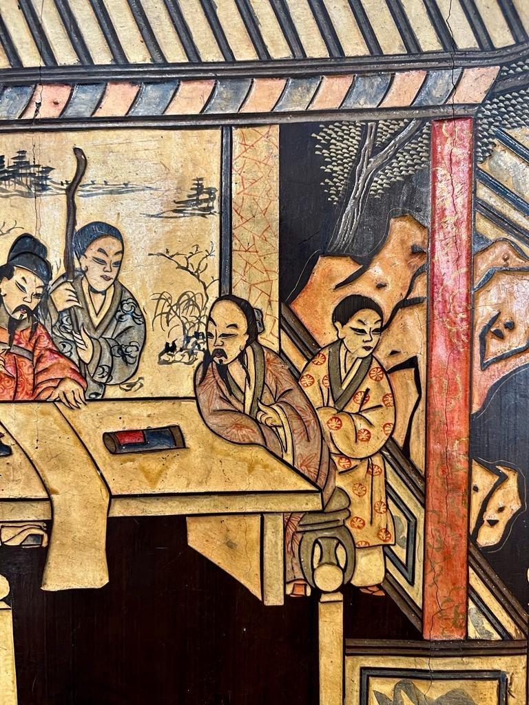 Biombo Japonés del Siglo XIX de Cuatro Paneles en Laca Coromandel Lacado
