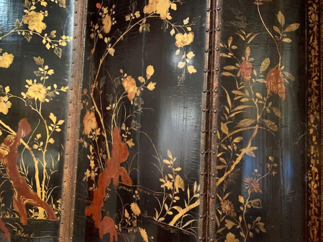 Wood 19th Century Four Panel Japanned Screen with Gilt and Red Decor
