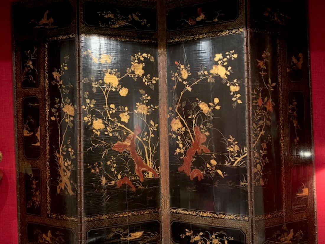 19th Century Four Panel Japanned Screen with Gilt and Red Decor 2