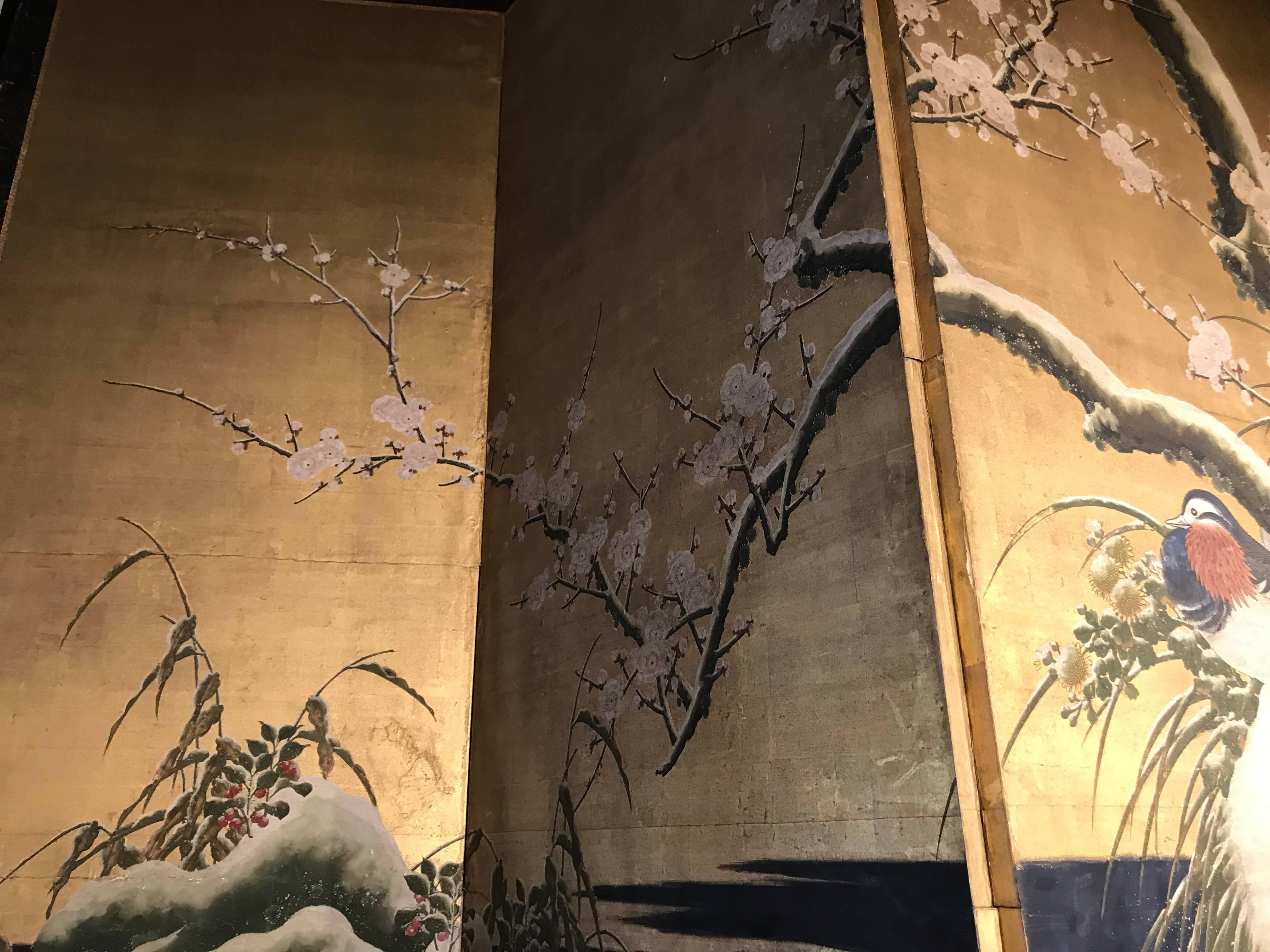 Chinese Export 19th Century Four Panel Kano School Chinese Style Folding Screen or Room Divider