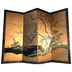 Antique 19th Century Four Panel Kano School Chinese Style Folding Screen or Room Divider