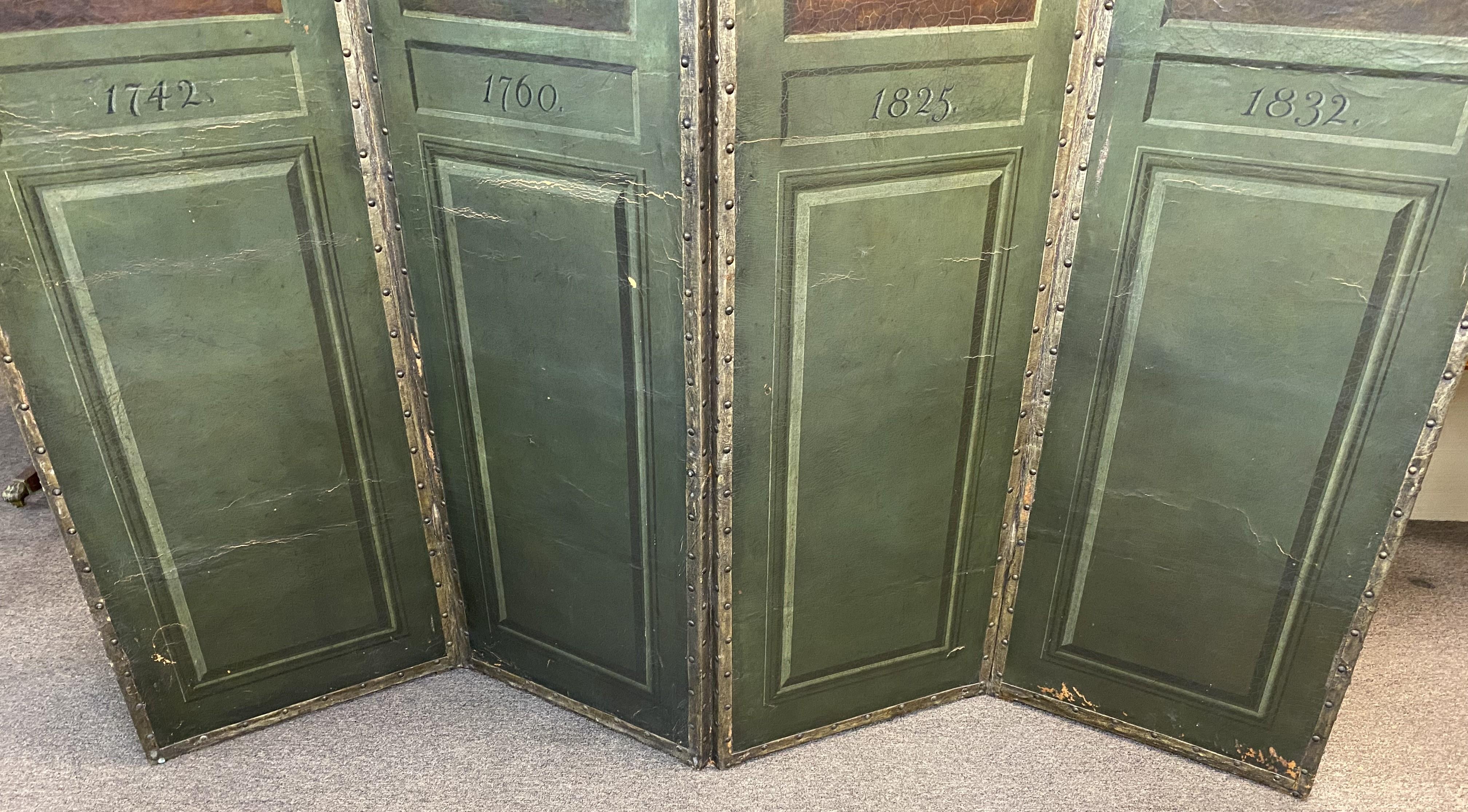 19th Century Four Panel Painted Leather Folding Screen with English Soldiers For Sale 6