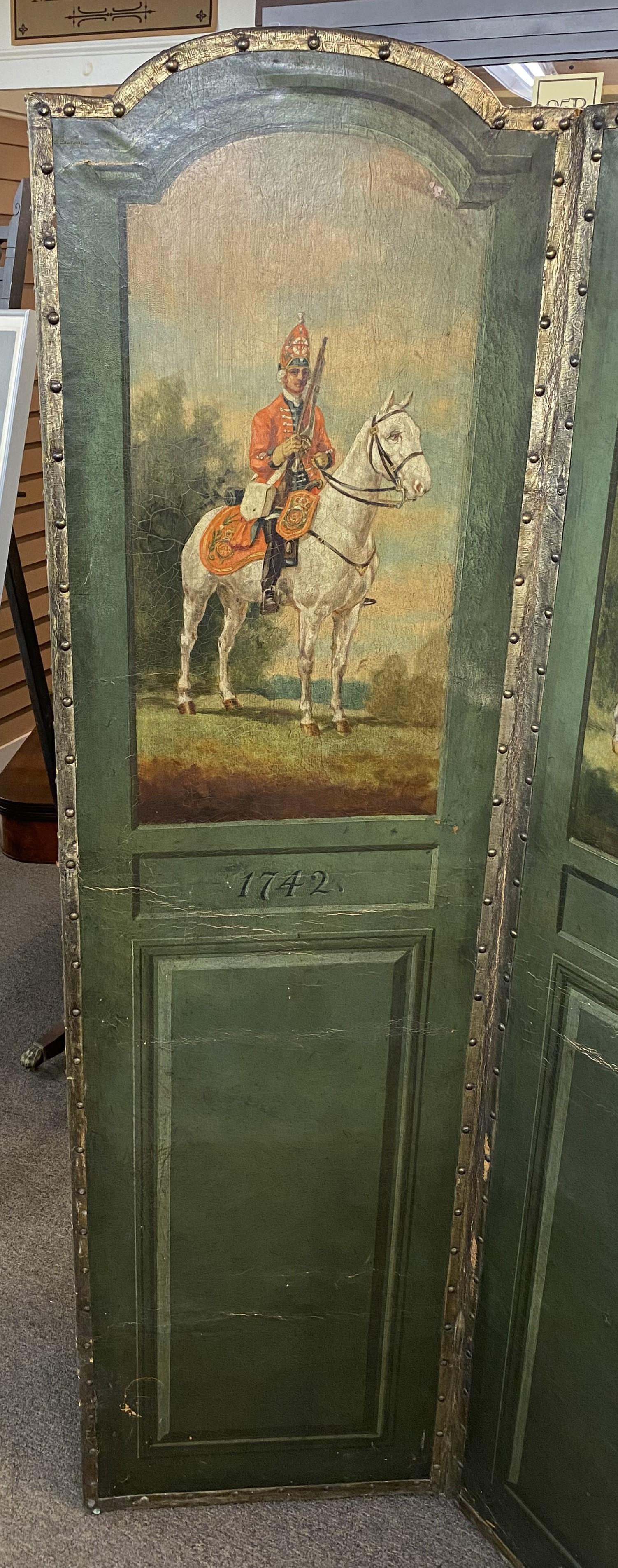 A fine four arched panel wooden folding screen with polychrome painted leather scenes of English soldiers on horseback from 1742-1832, on a green background, with associated date painted below each solder, and the verso painted with solid ebonized