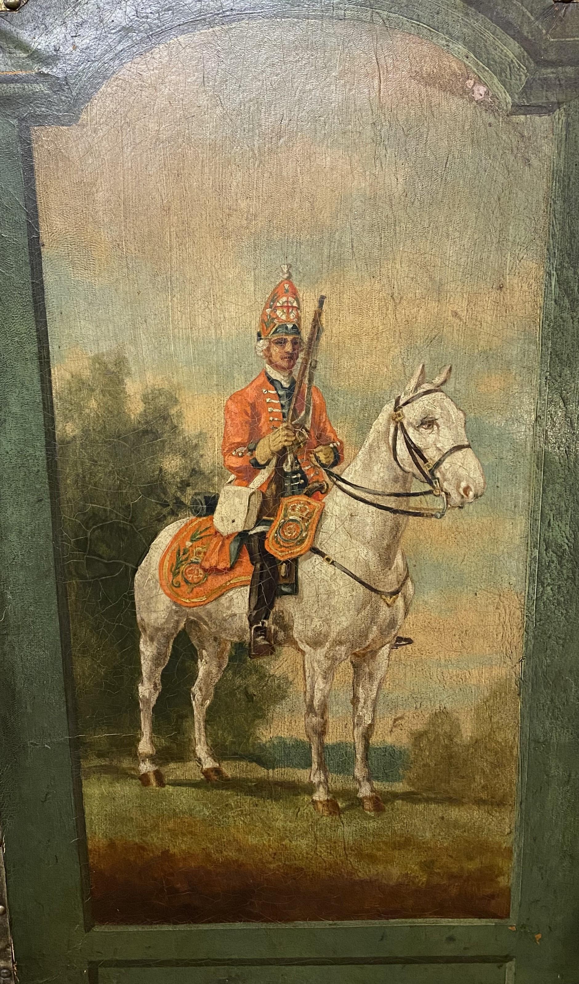 Hand-Carved 19th Century Four Panel Painted Leather Folding Screen with English Soldiers For Sale