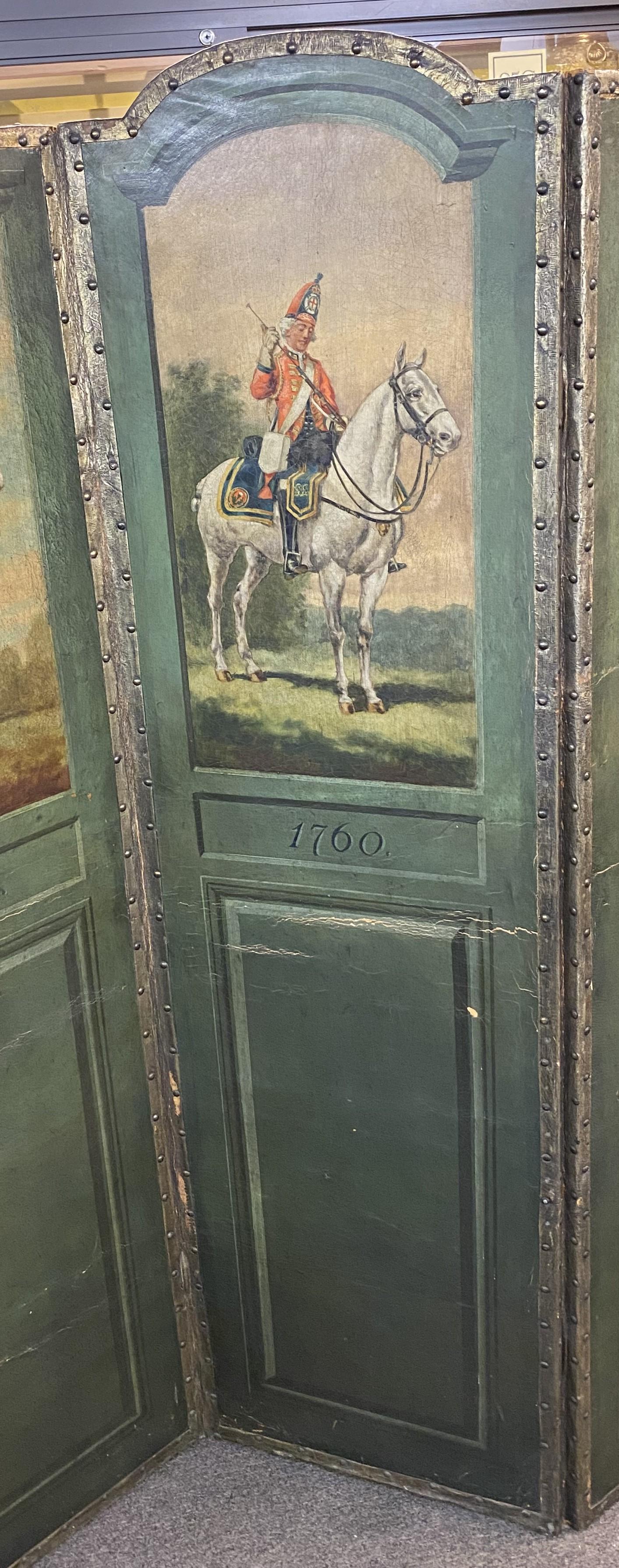 19th Century Four Panel Painted Leather Folding Screen with English Soldiers In Good Condition For Sale In Milford, NH