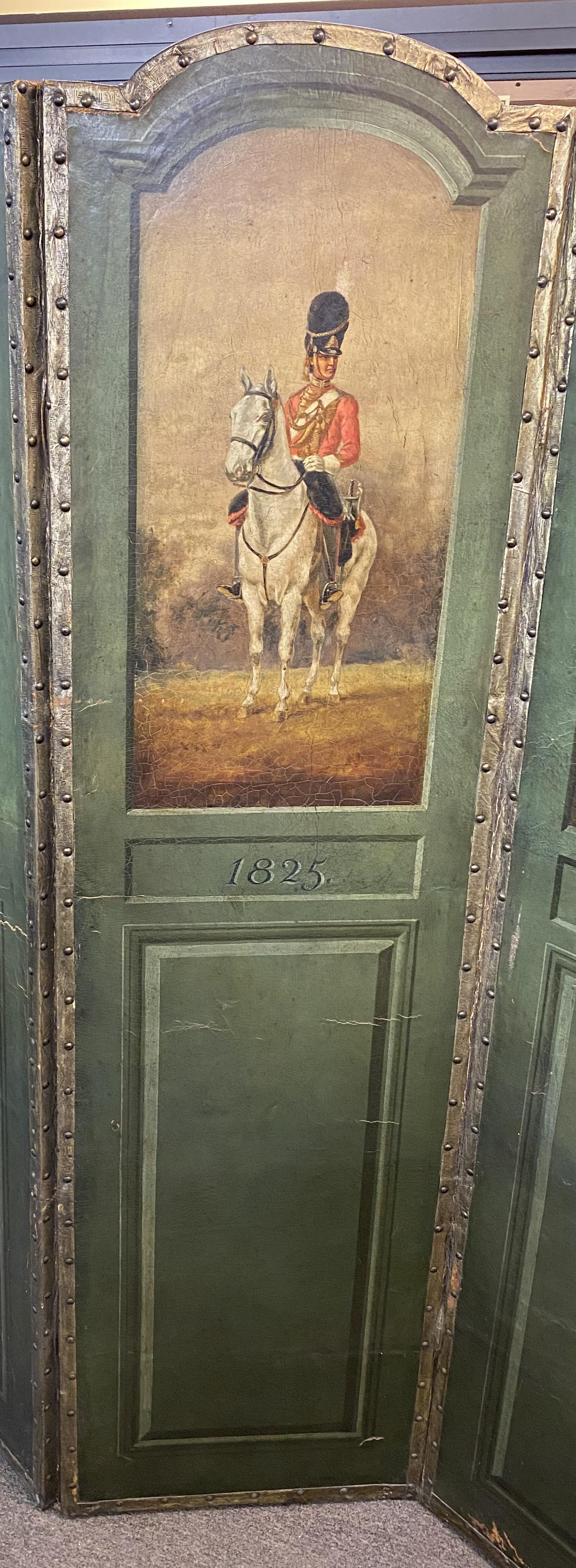 19th Century Four Panel Painted Leather Folding Screen with English Soldiers For Sale 2