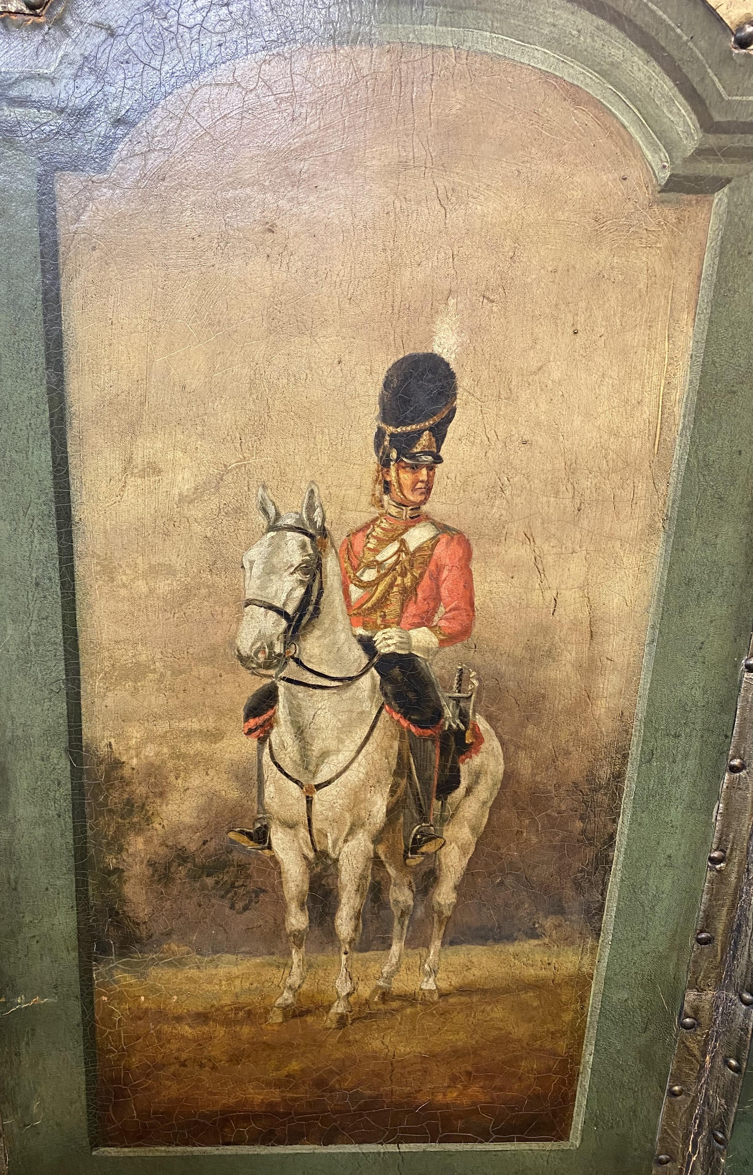 19th Century Four Panel Painted Leather Folding Screen with English Soldiers For Sale 3