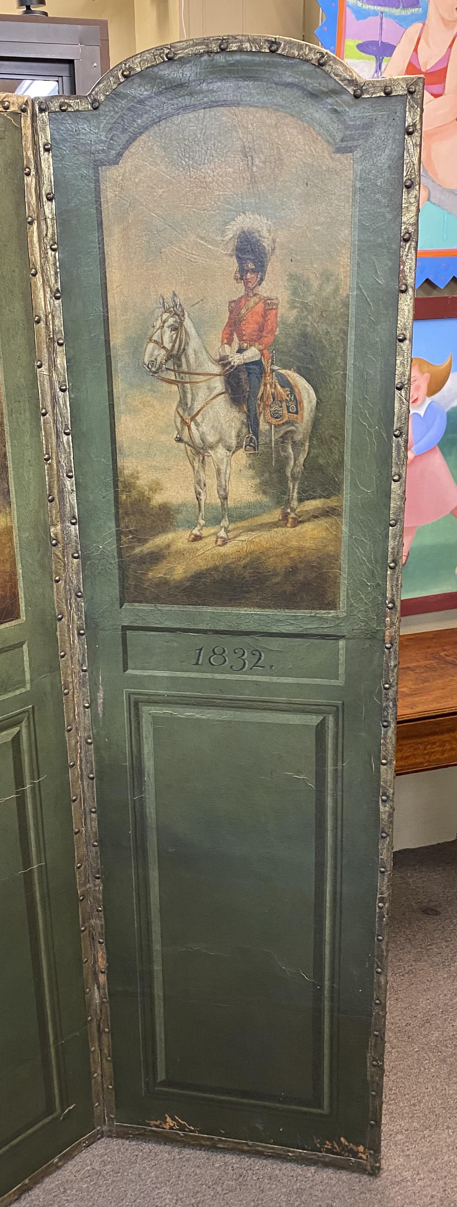 19th Century Four Panel Painted Leather Folding Screen with English Soldiers For Sale 4
