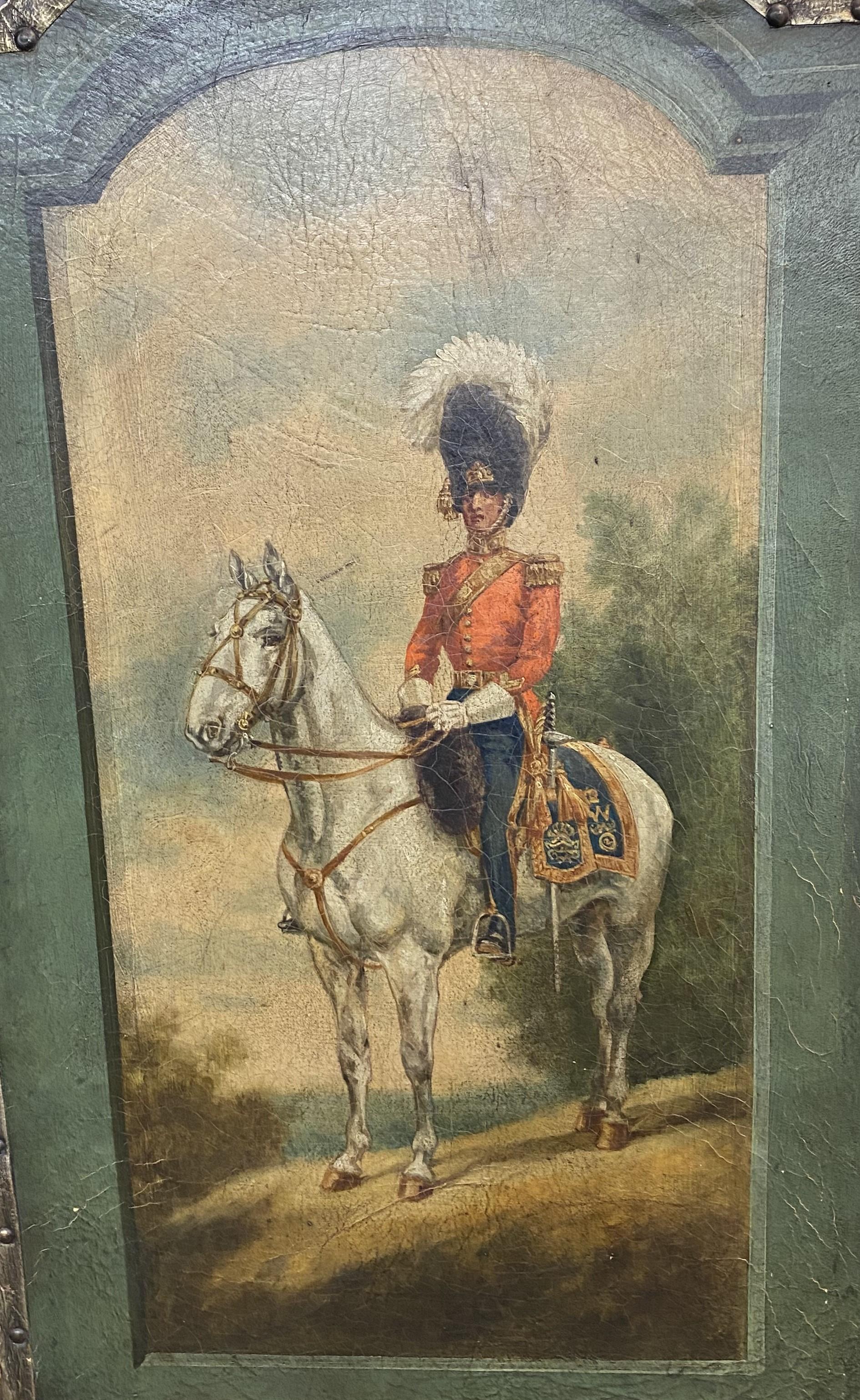19th Century Four Panel Painted Leather Folding Screen with English Soldiers For Sale 5