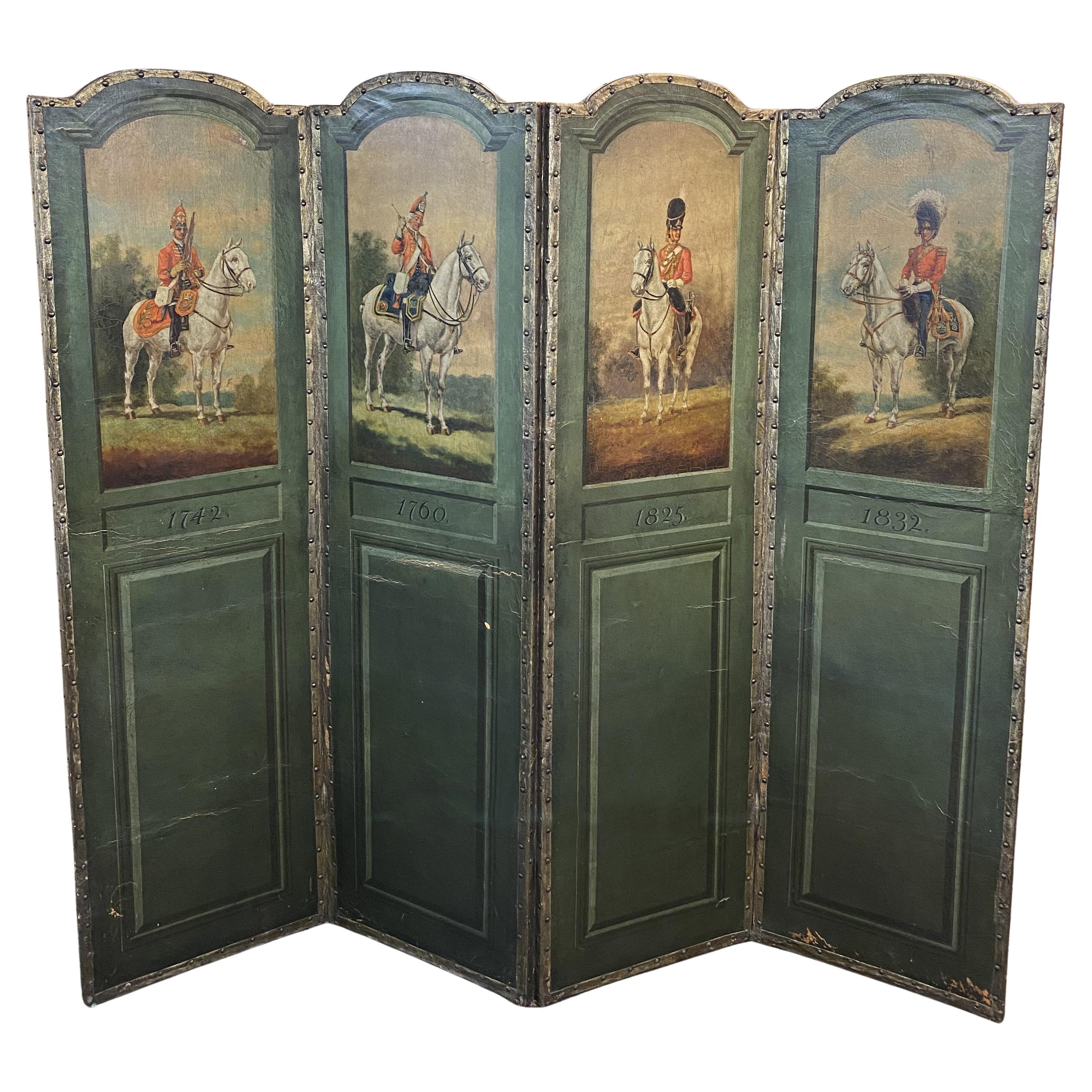 19th Century Four Panel Painted Leather Folding Screen with English Soldiers For Sale