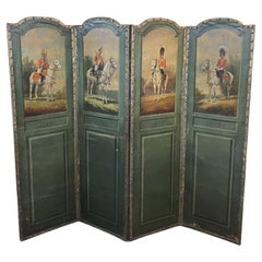 19th Century Four Panel Painted Leather Folding Screen with English Soldiers