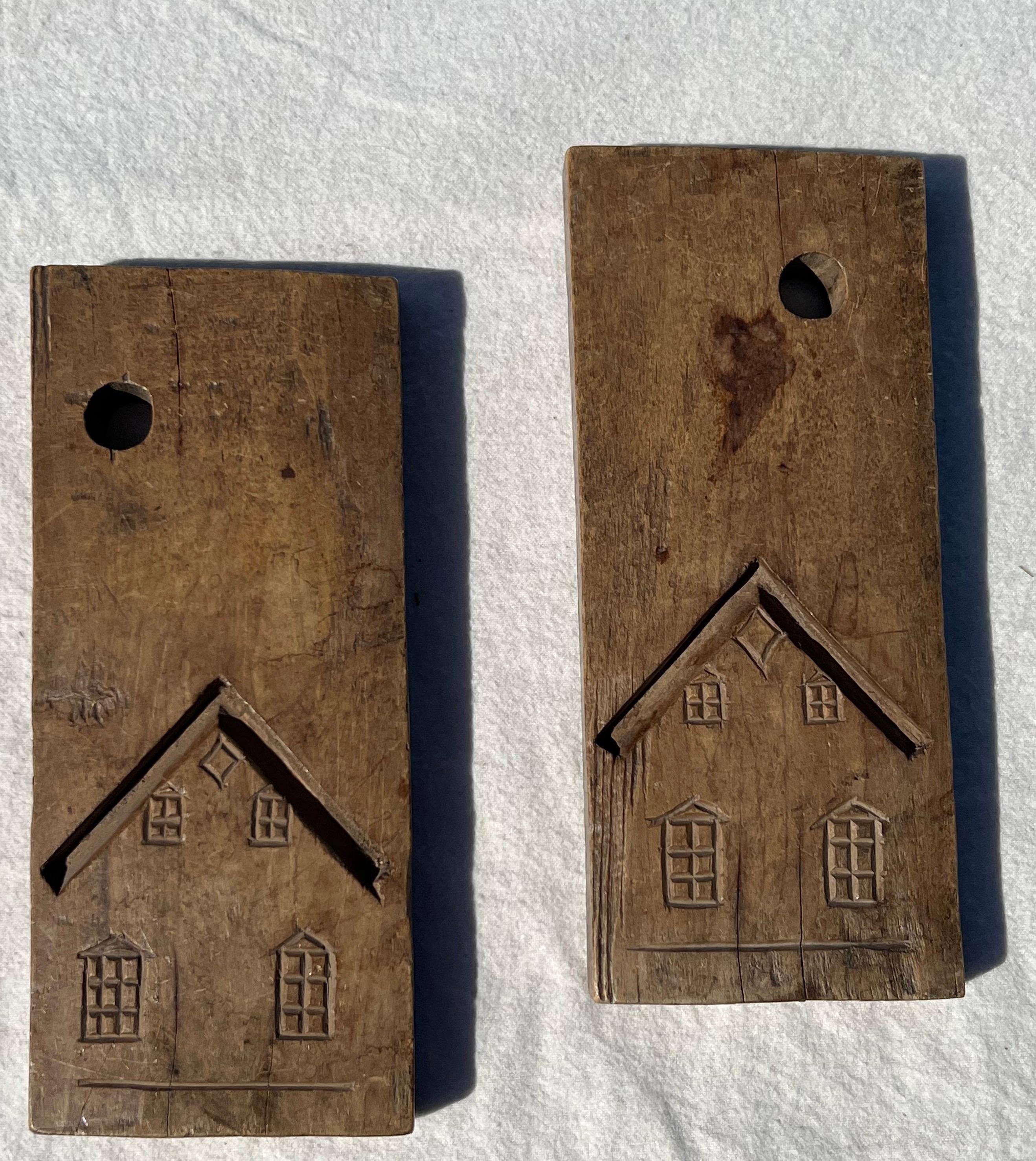 19th century hand carved wooden sugar mold, four pieces connect to make a three dimensional house.  All with old wire for hanging on reverse.