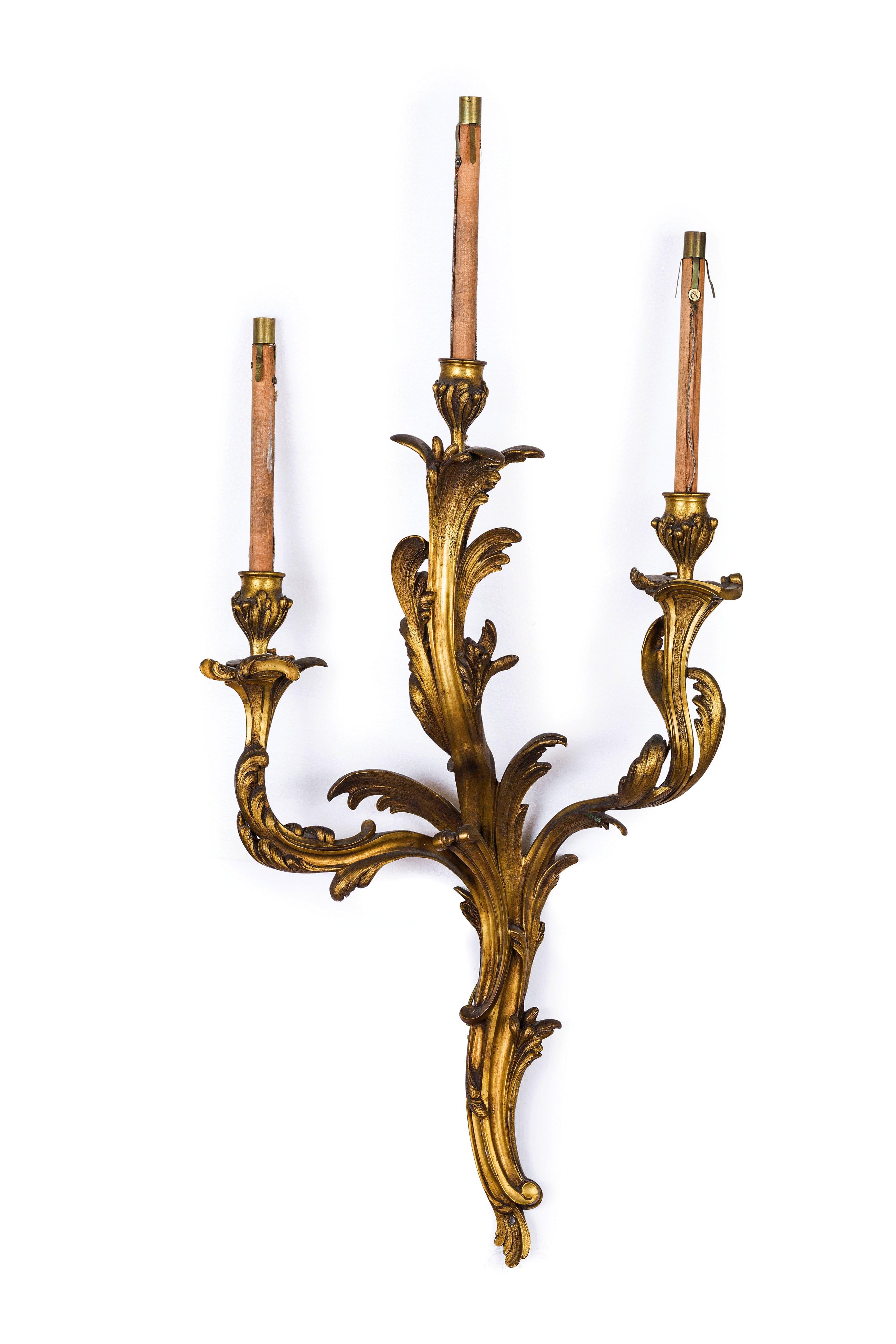 19th century, four three-light French gilt bronze wall sconces

These four large three-light wall lamps were made, in chiselled gilt bronze, in the late 19th century in France. Stylistically (Rocaille) they are inspired by the models of the famous