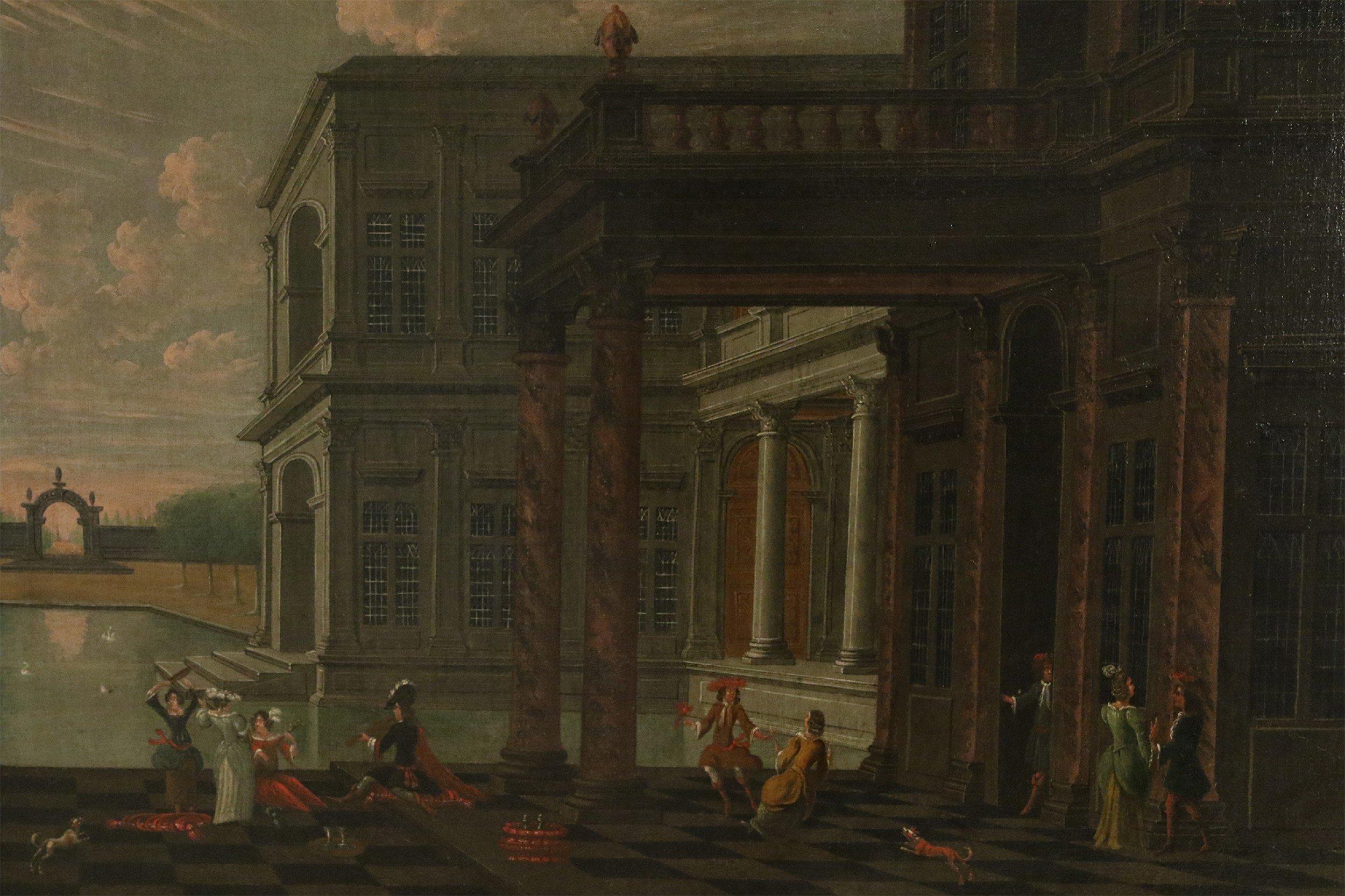 French (19th Century) oil painting depicting a French 18th century court scene with figures next to a palace and pool in background in a rectangular oak and gilt trim frame.