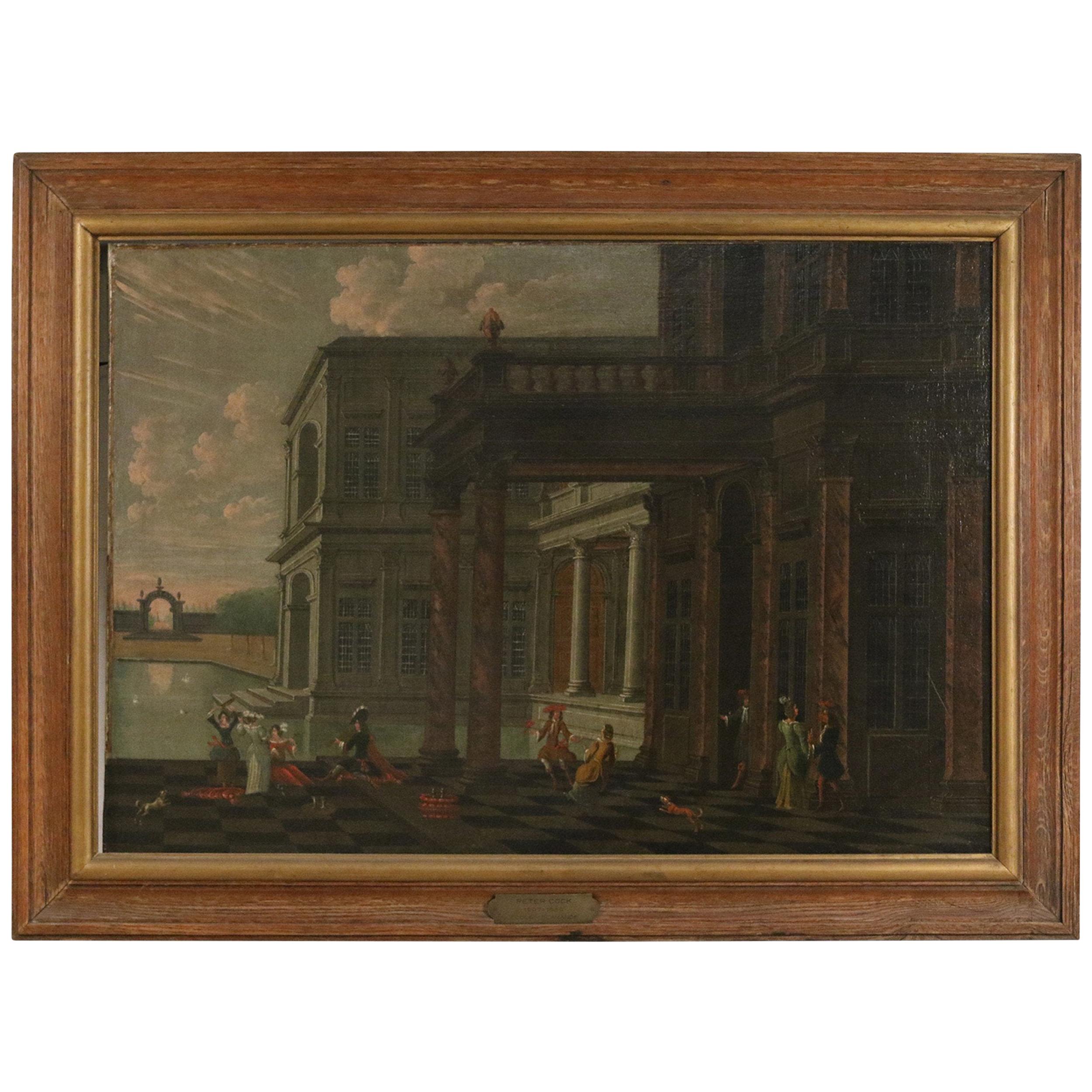 Peinture à l'huile ancienne encadrée d'une scène de cour française du 19e siècle représentant une cour