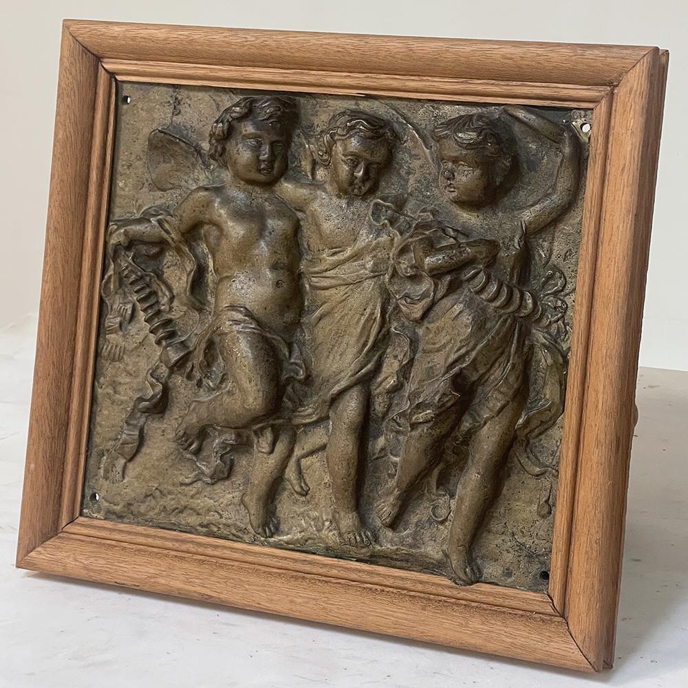 French 19th Century Framed Bronze Plaque of Three Cherubs