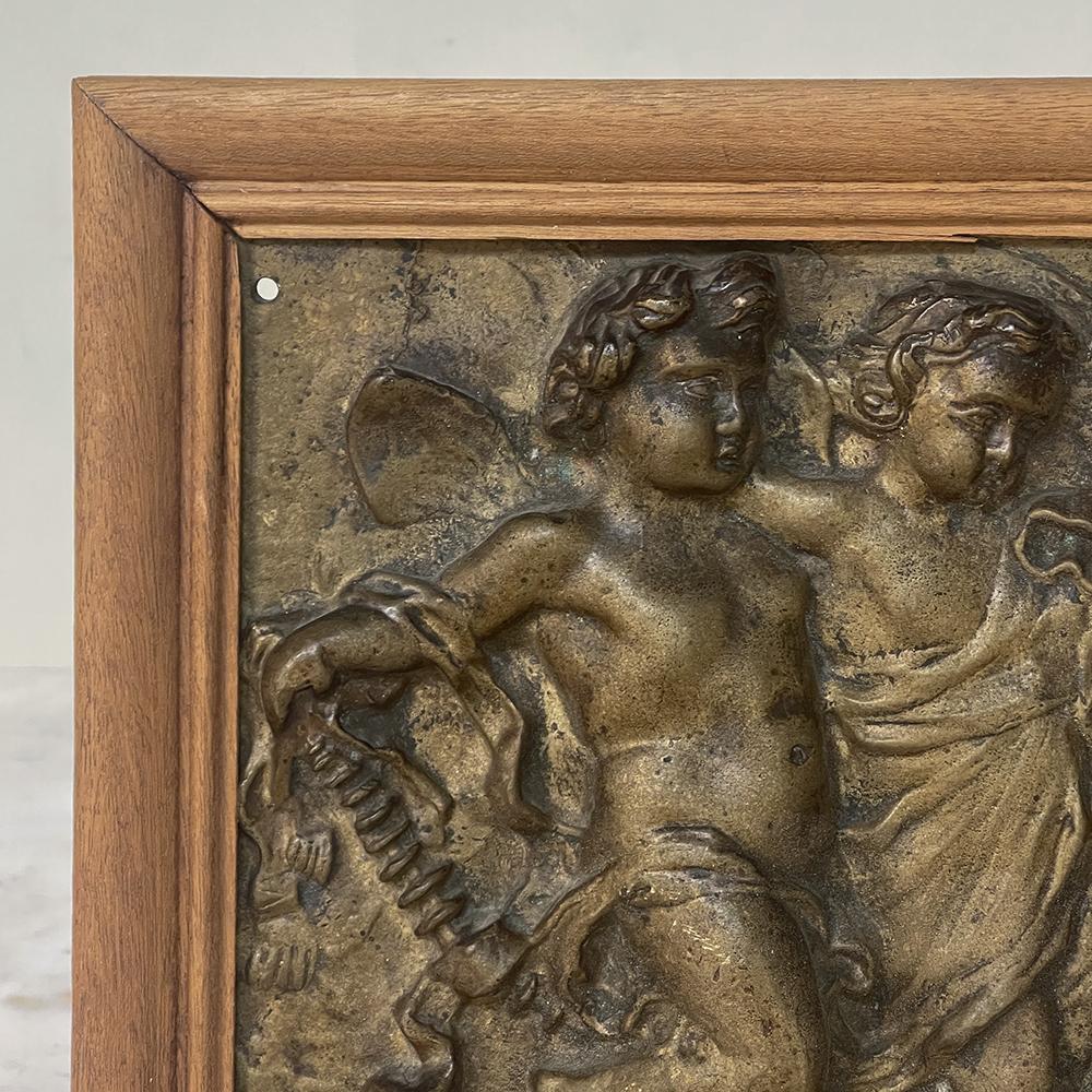 Hand-Crafted 19th Century Framed Bronze Plaque of Three Cherubs
