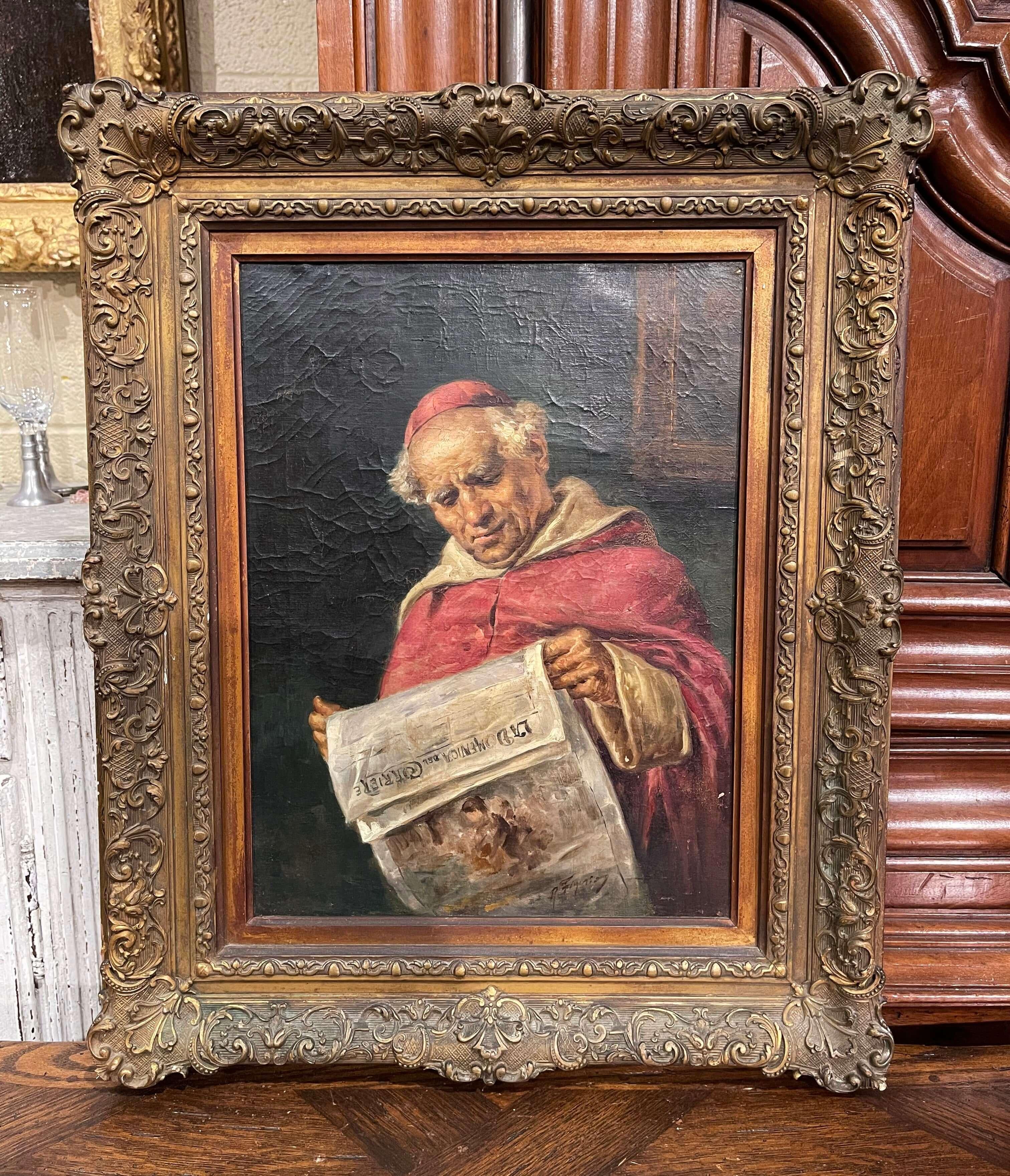 Hand-Painted 19th Century Framed Cardinal Reading Oil on Canvas Painting Signed R. Figerio