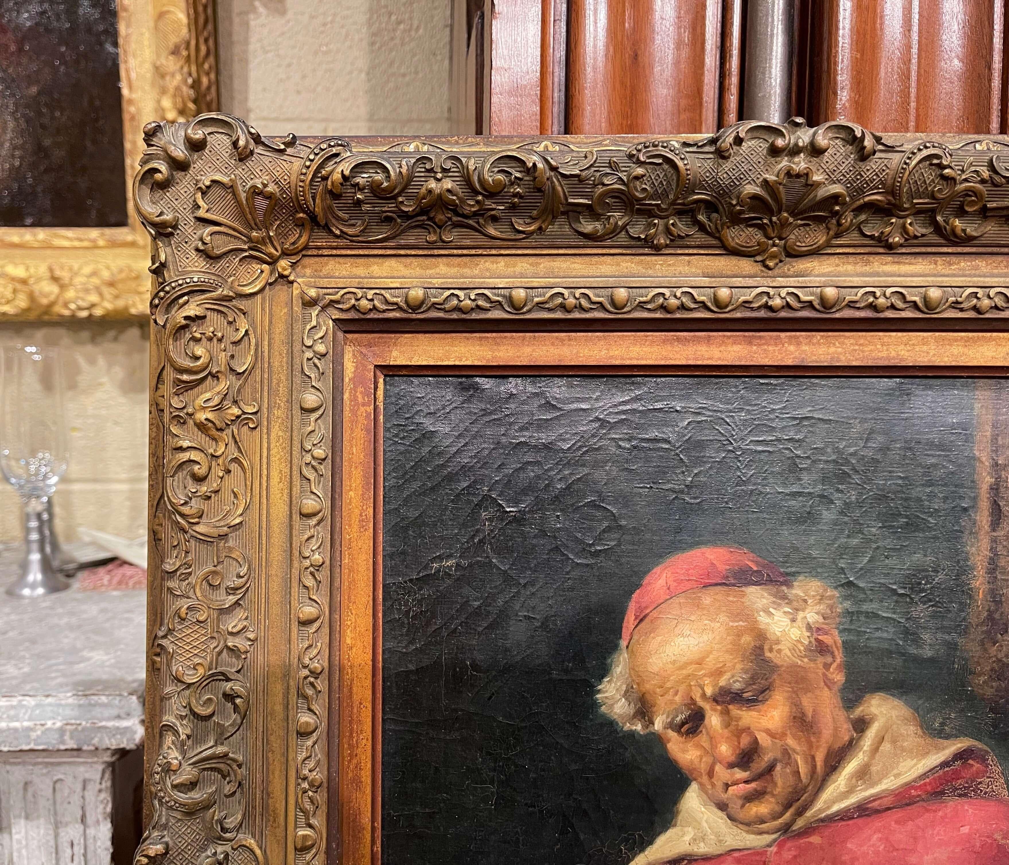 19th Century Framed Cardinal Reading Oil on Canvas Painting Signed R. Figerio In Excellent Condition In Dallas, TX