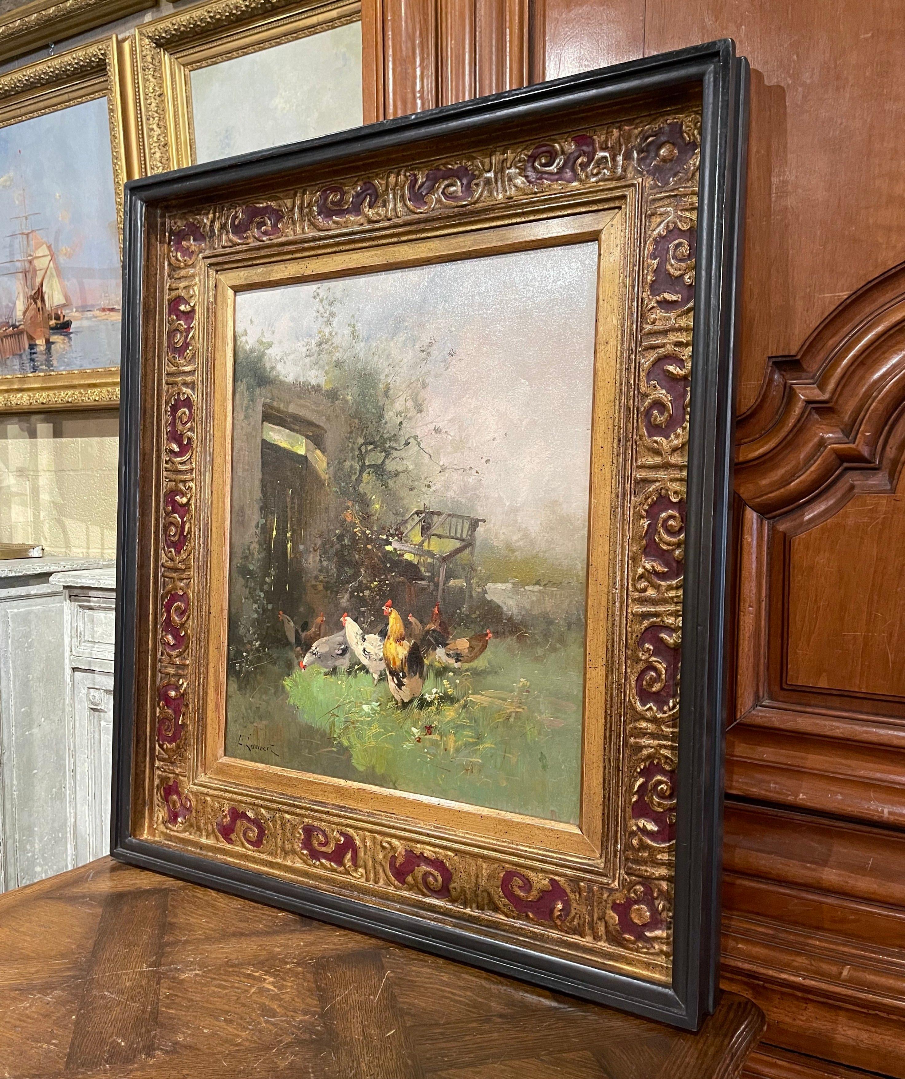 19th Century Framed Chicken Oil Painting Signed H. Lambert for E. Galien-Laloue For Sale 4