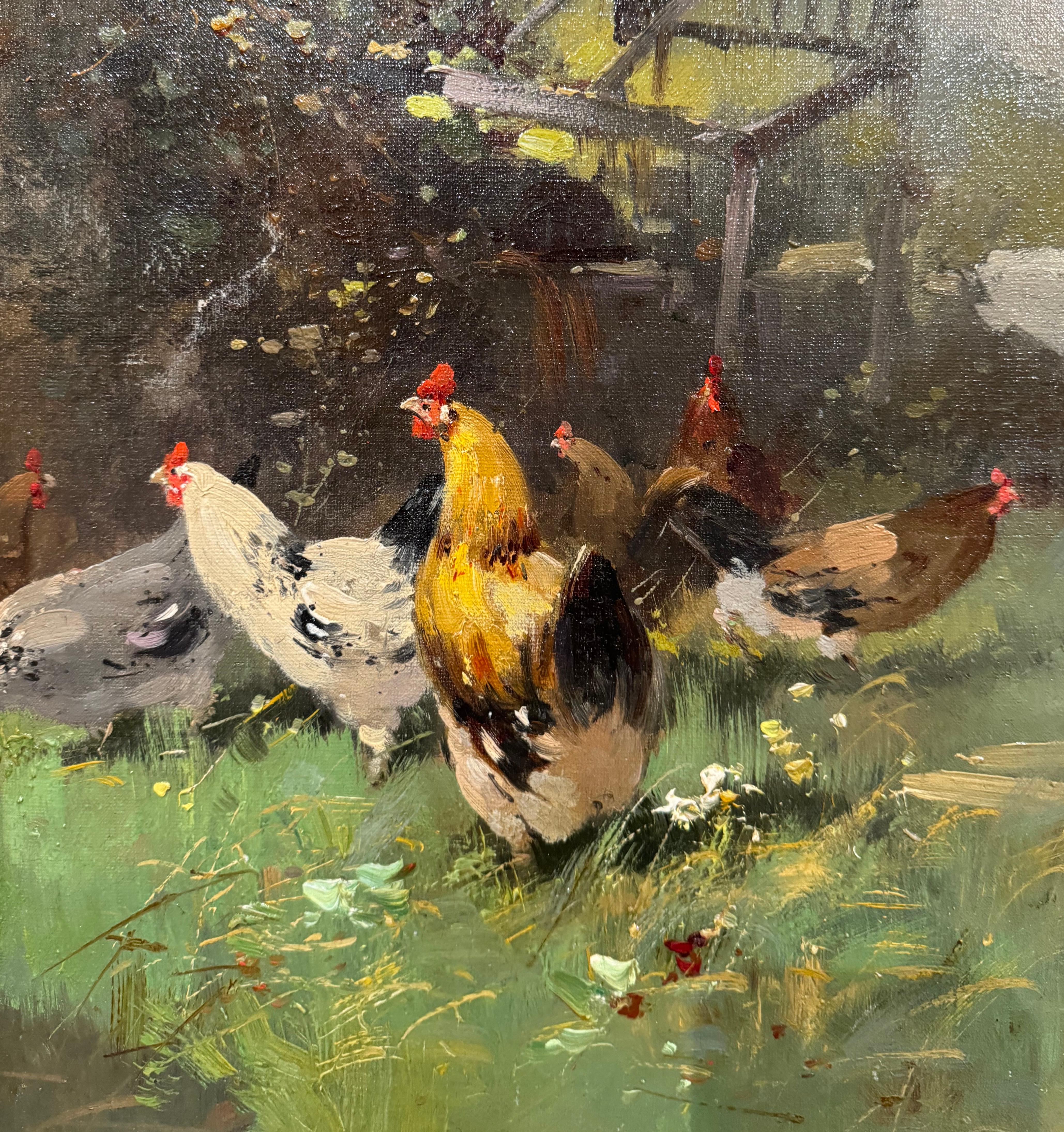 19th Century Framed Chicken Oil Painting Signed H. Lambert for E. Galien-Laloue For Sale 4