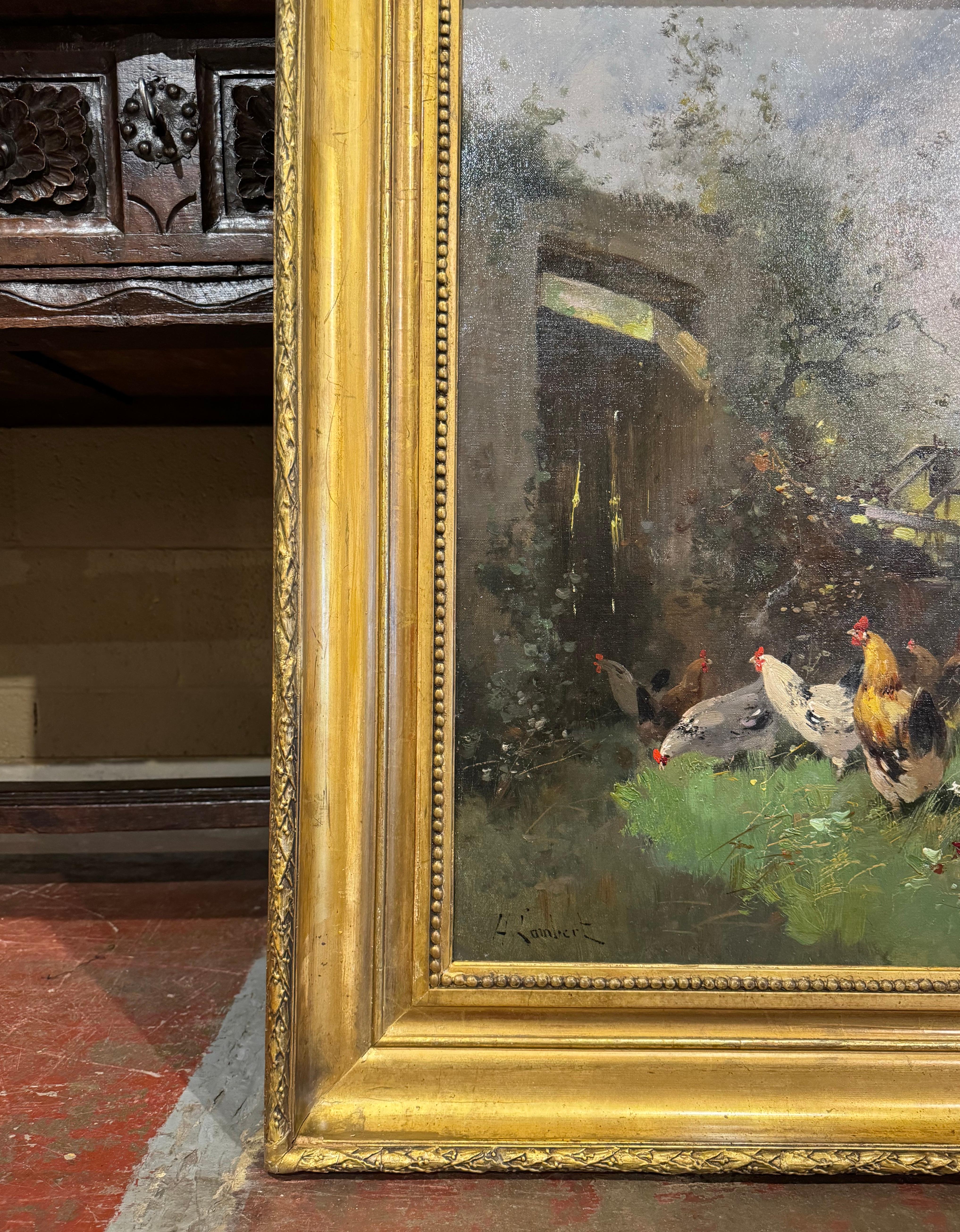 19th Century Framed Chicken Oil Painting Signed H. Lambert for E. Galien-Laloue For Sale 5