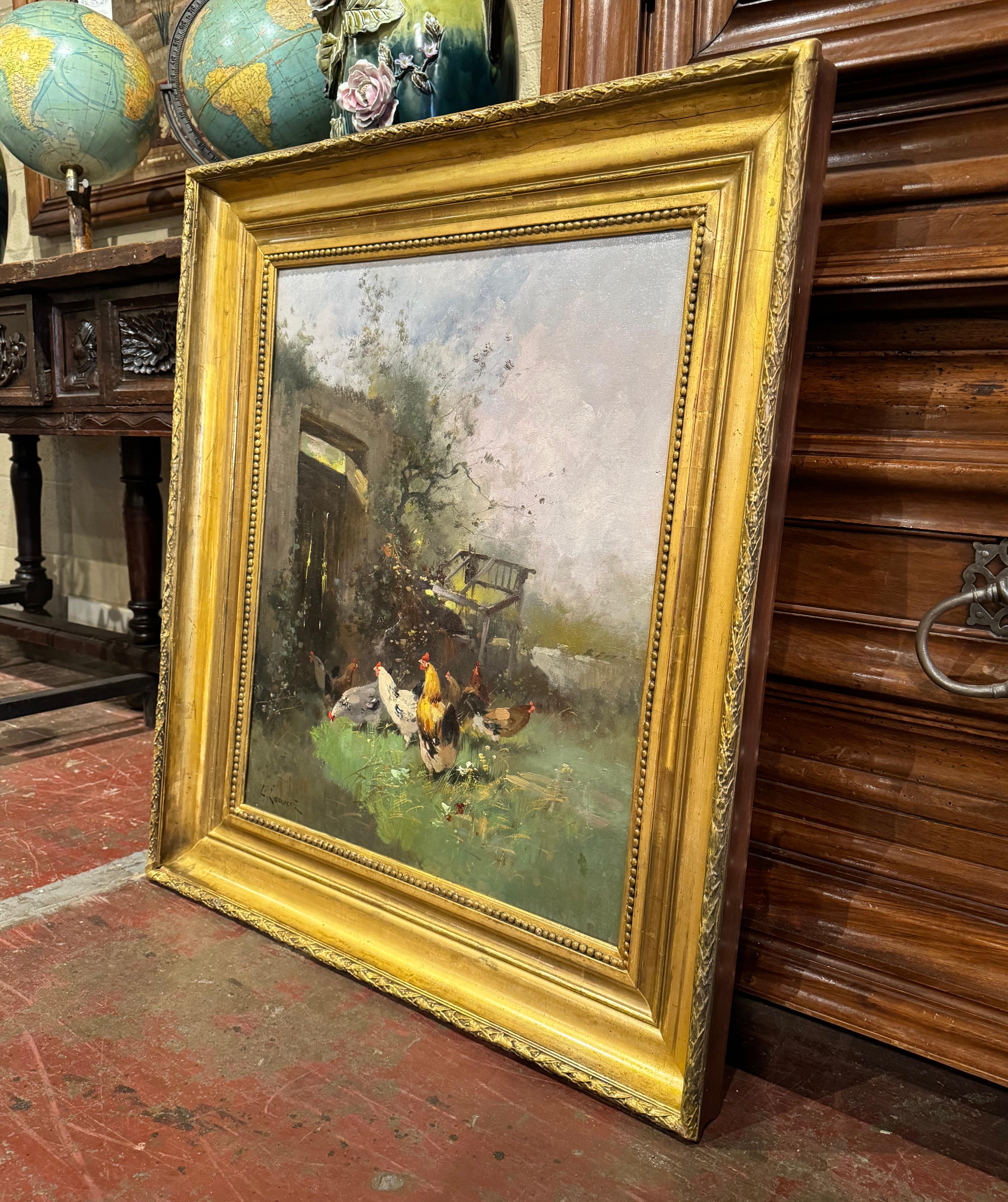 Dekorieren Sie ein Arbeitszimmer, Büro oder DEN mit diesem schönen und farbenfrohen Ölgemälde auf Leinwand! Das um 1890 in Frankreich gemalte Kunstwerk befindet sich in einem geschnitzten Rahmen aus vergoldetem Holz aus dem 19. Jahrhundert und zeigt
