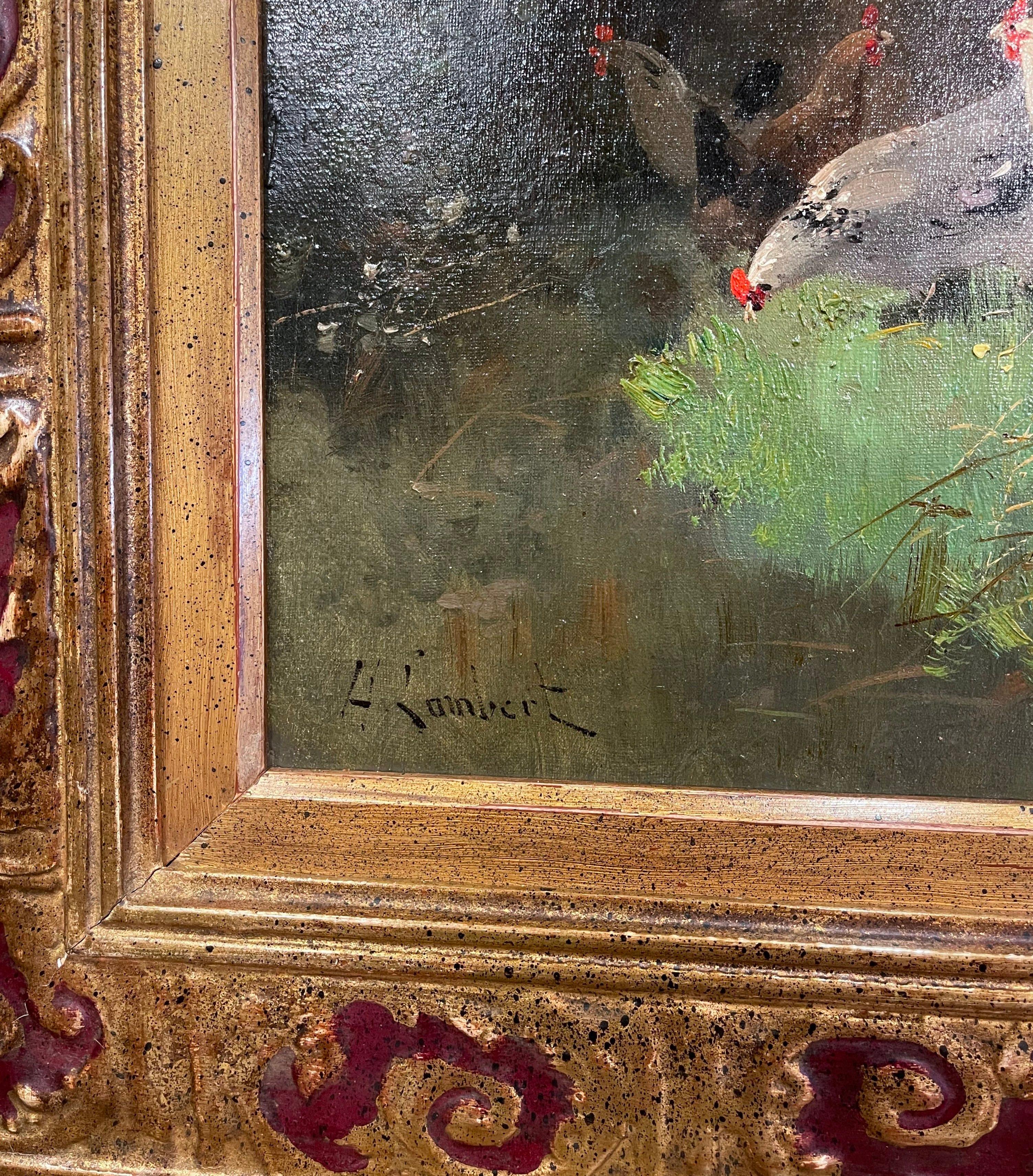 French 19th Century Framed Chicken Oil Painting Signed H. Lambert for E. Galien-Laloue For Sale
