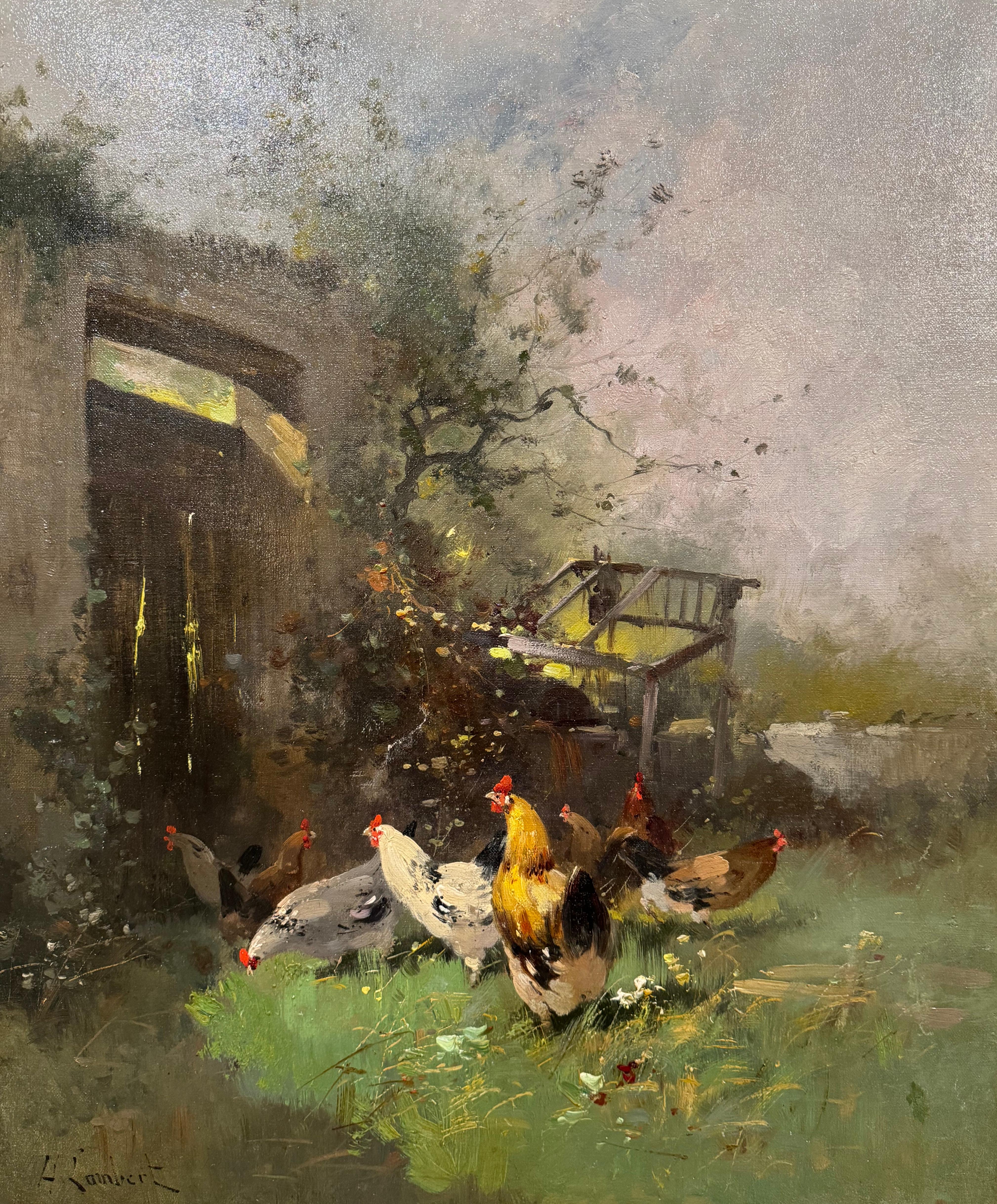 French 19th Century Framed Chicken Oil Painting Signed H. Lambert for E. Galien-Laloue For Sale