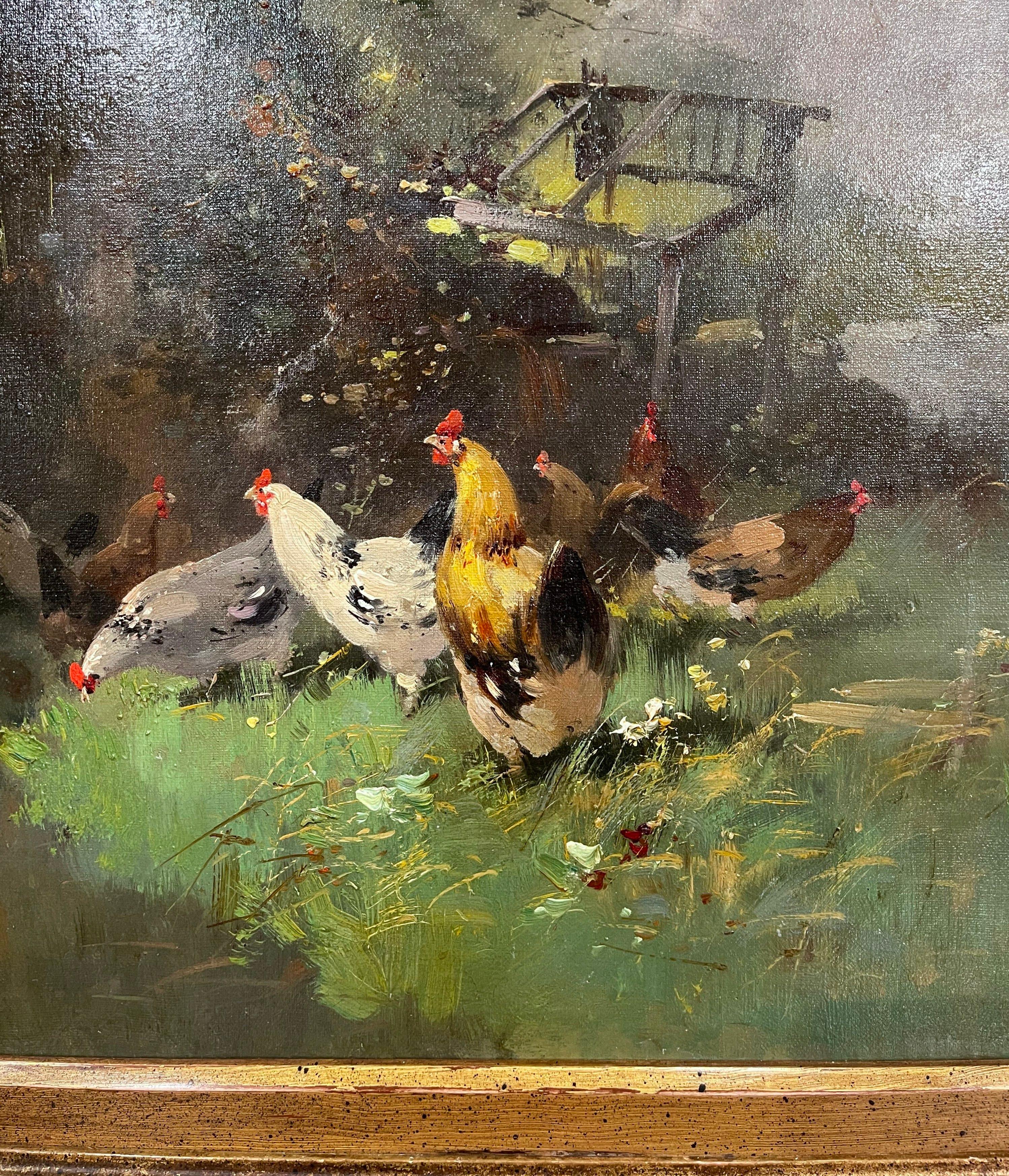 Carved 19th Century Framed Chicken Oil Painting Signed H. Lambert for E. Galien-Laloue For Sale