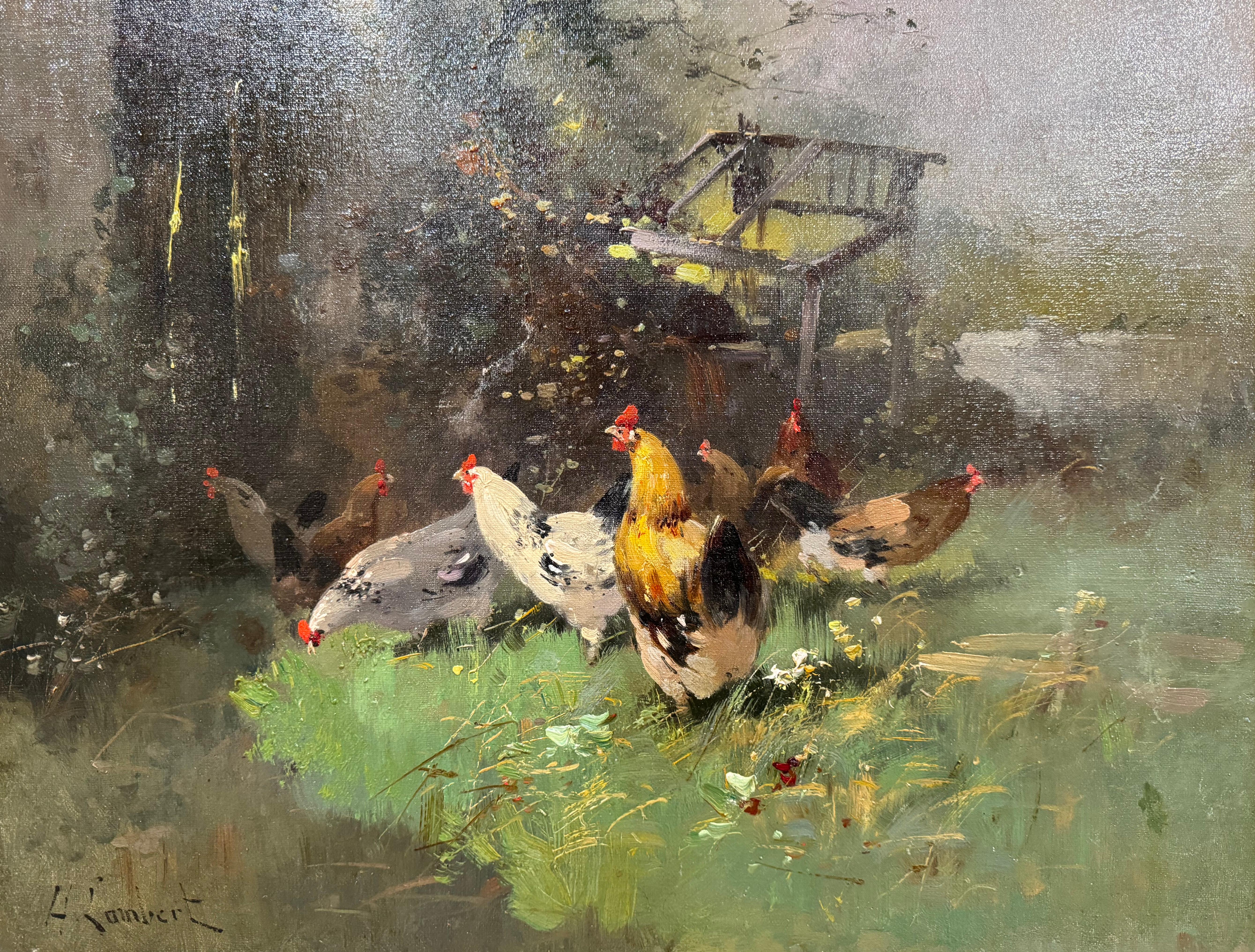 Carved 19th Century Framed Chicken Oil Painting Signed H. Lambert for E. Galien-Laloue For Sale