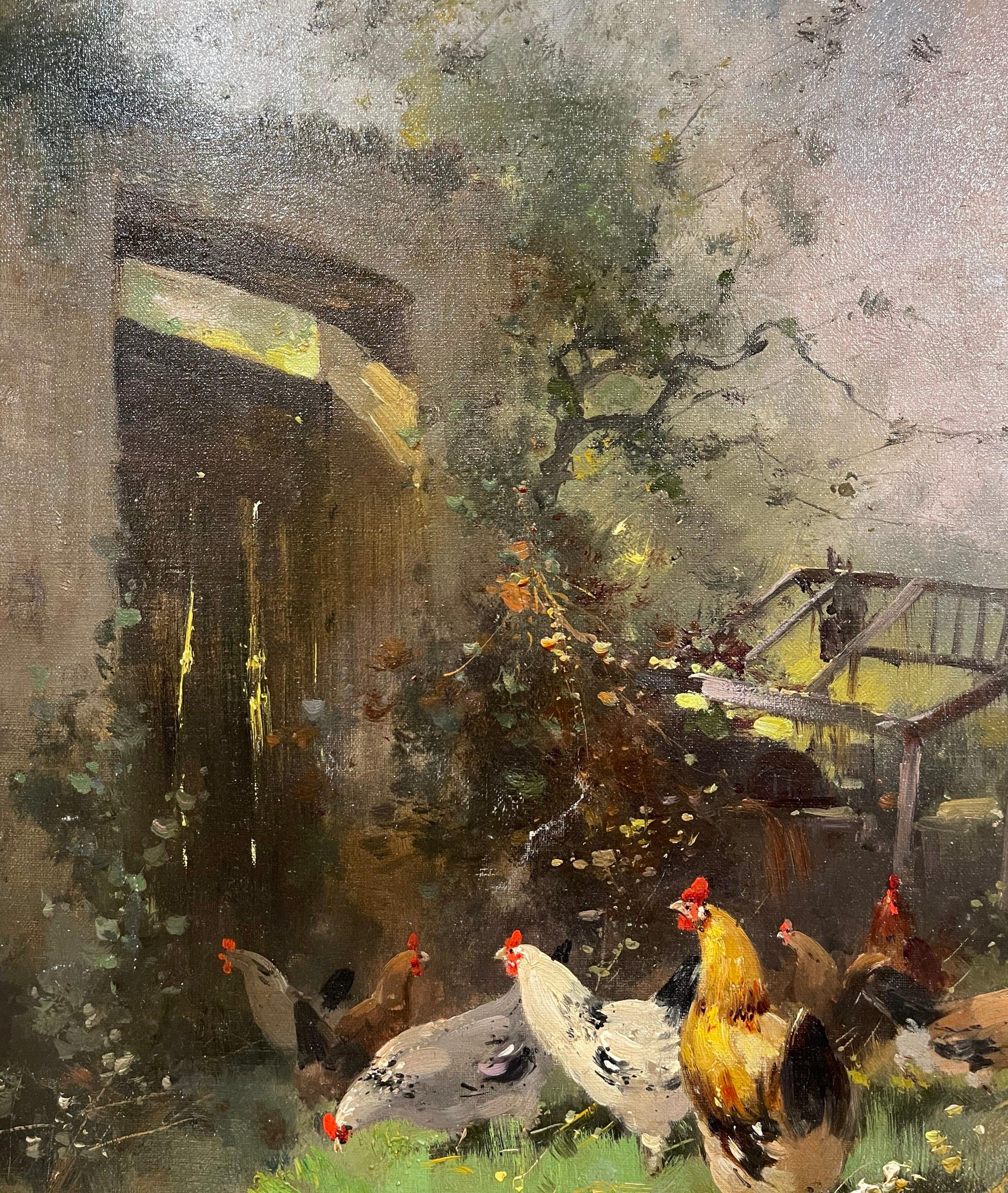 19th Century Framed Chicken Oil Painting Signed H. Lambert for E. Galien-Laloue In Excellent Condition For Sale In Dallas, TX