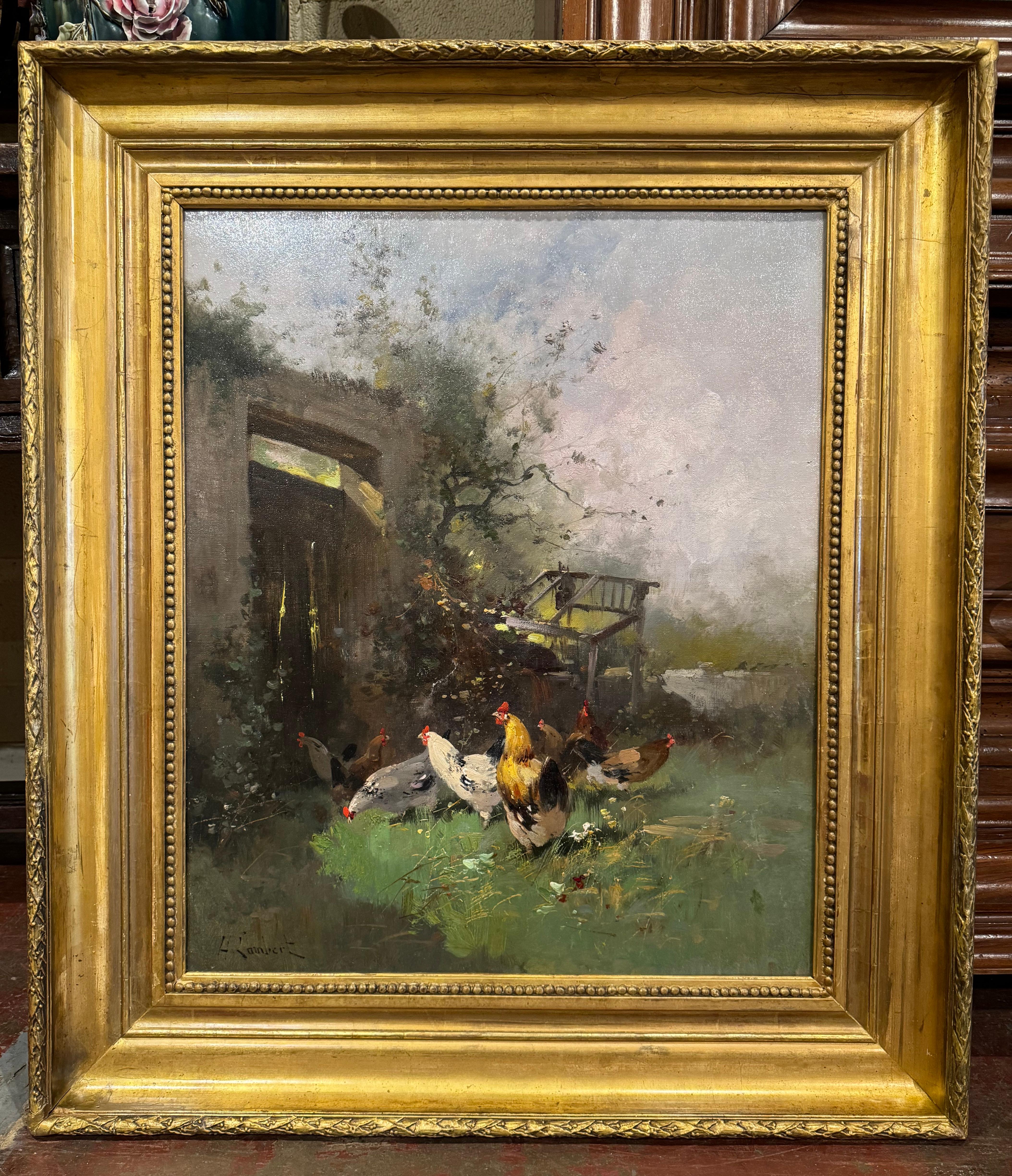 Giltwood 19th Century Framed Chicken Oil Painting Signed H. Lambert for E. Galien-Laloue For Sale