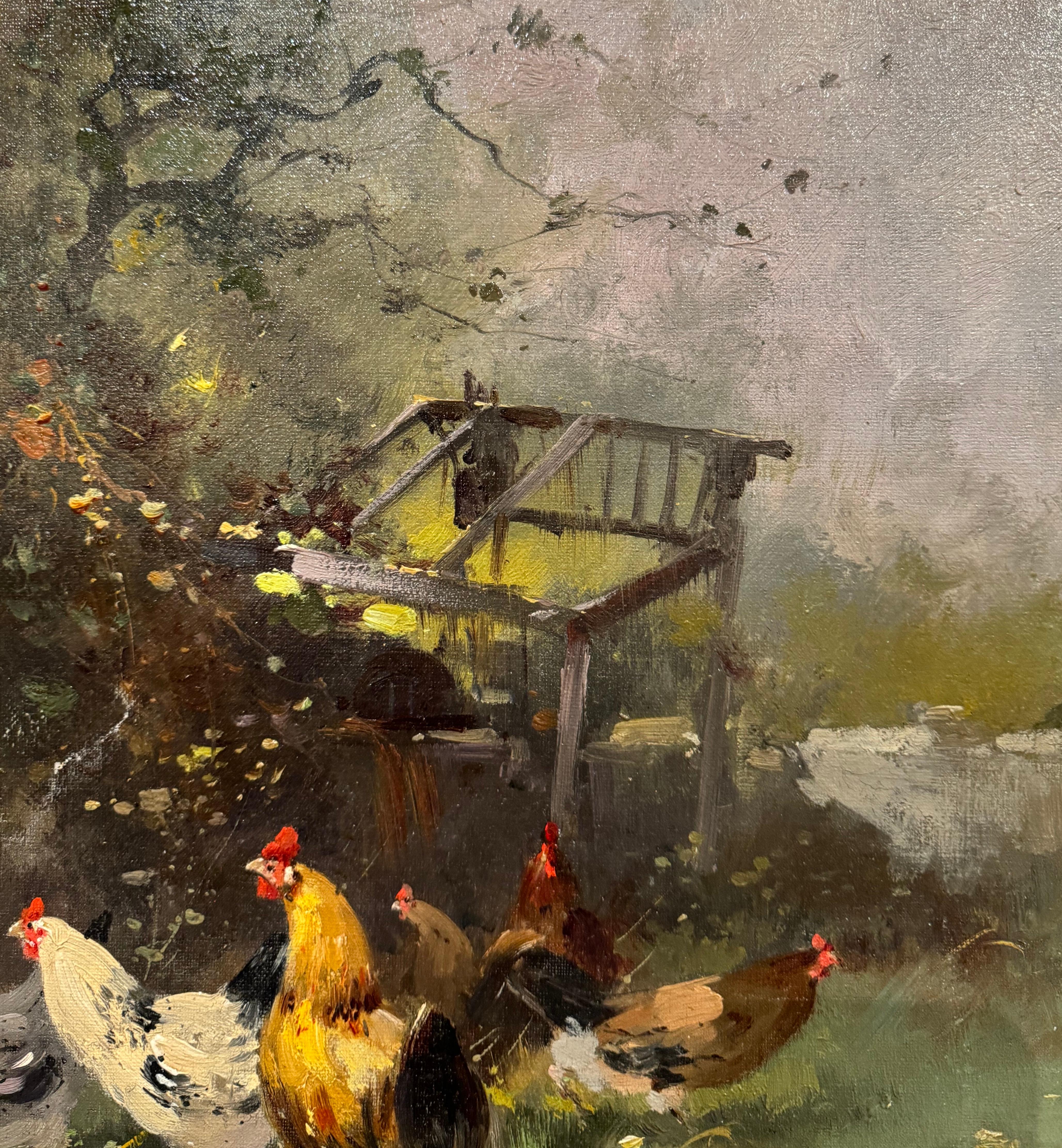 19th Century Framed Chicken Oil Painting Signed H. Lambert for E. Galien-Laloue For Sale 3